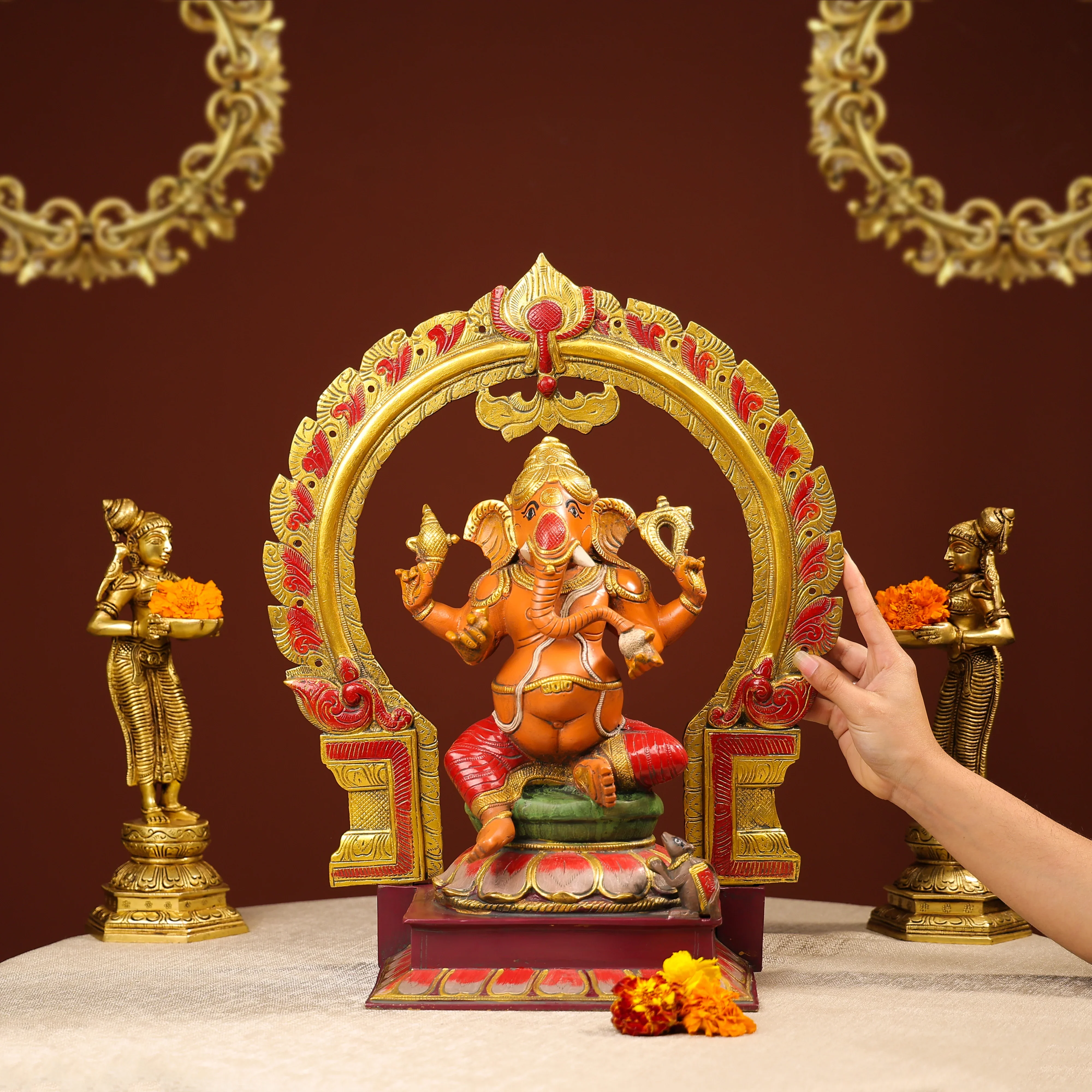 Coloured Brass Idol Of Lord Ganesh On Lotus - Image 6