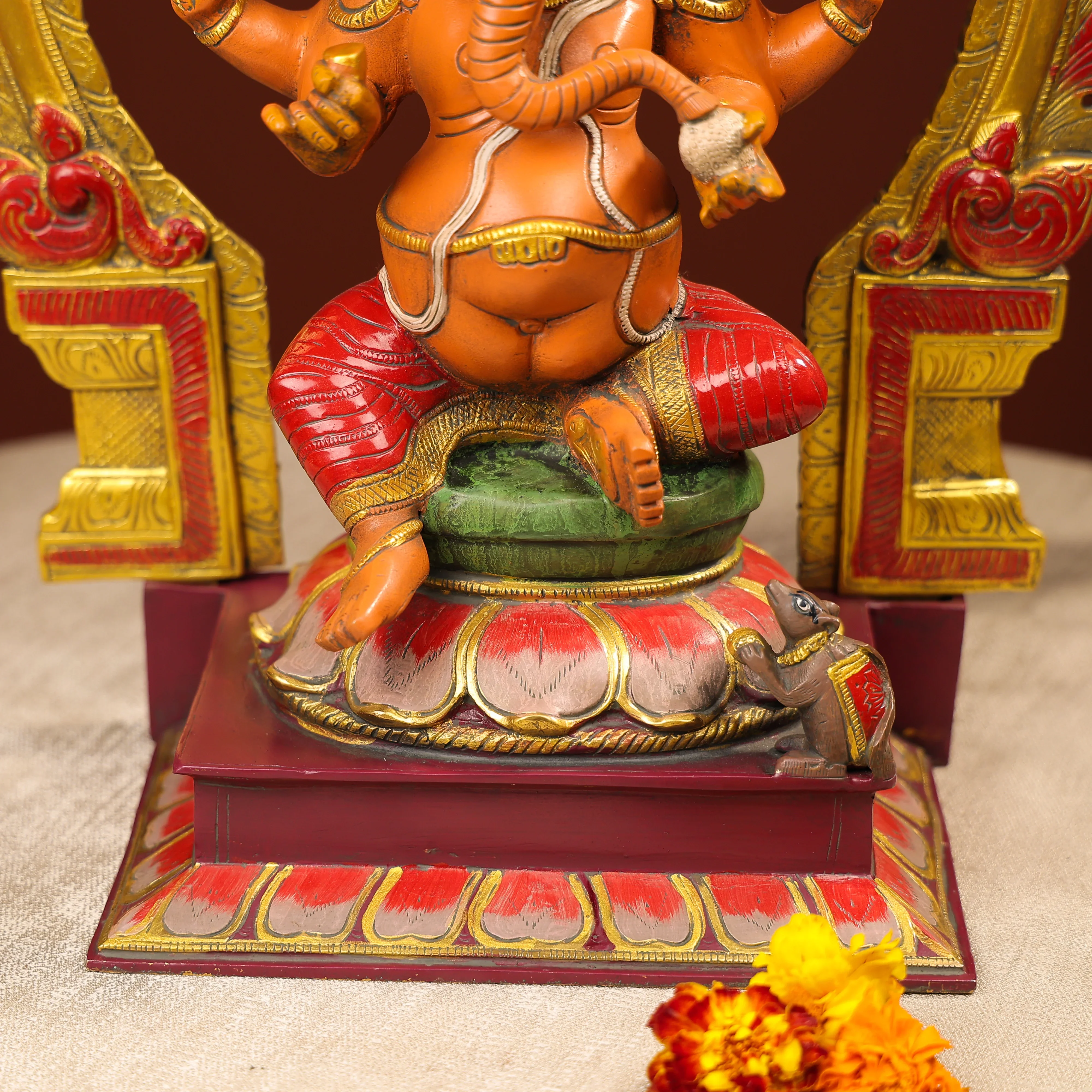 Coloured Brass Idol Of Lord Ganesh On Lotus - Image 8