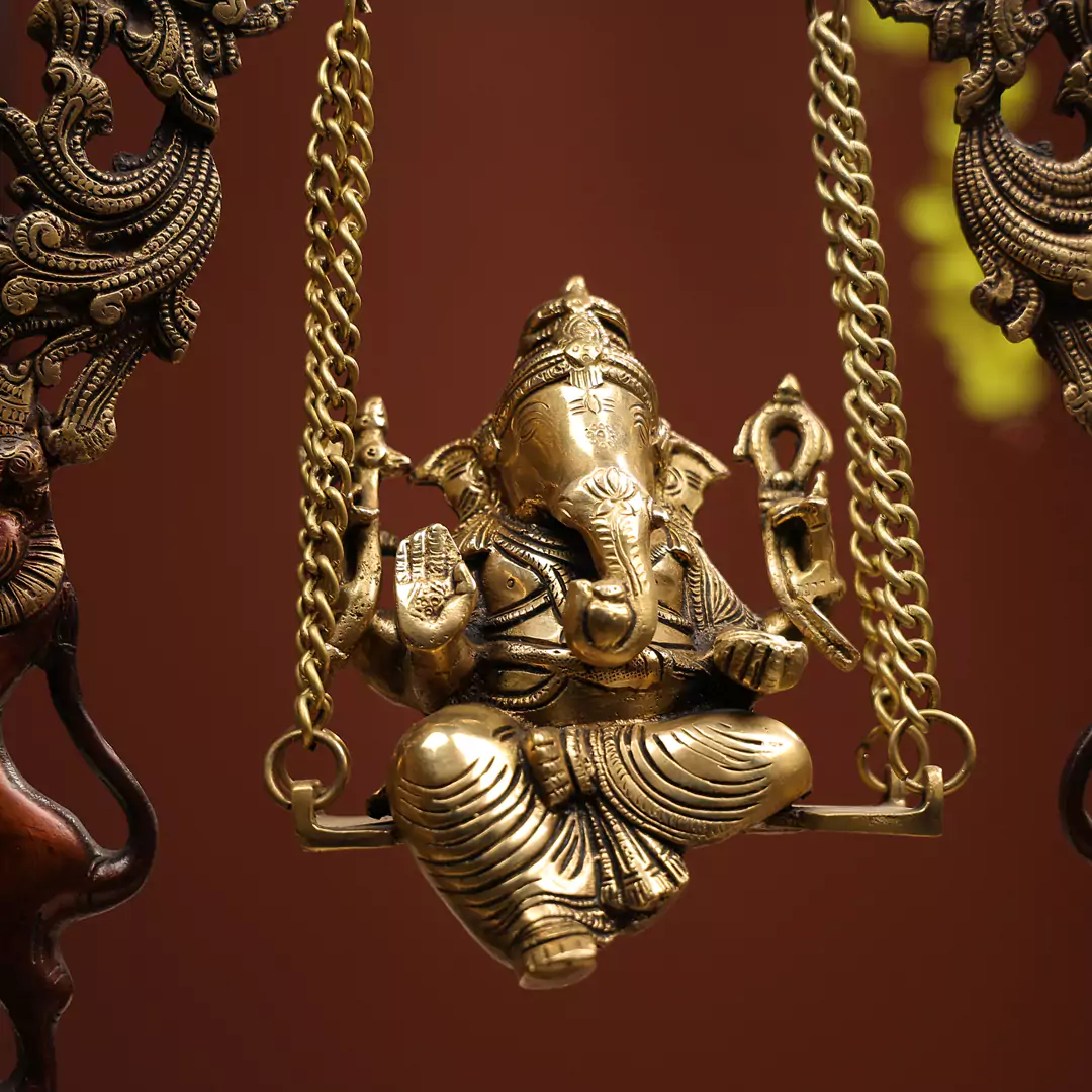 18" Coloured Brass Lord Ganesha on Swings Seated Idol Brown Antique Finish - Image 5