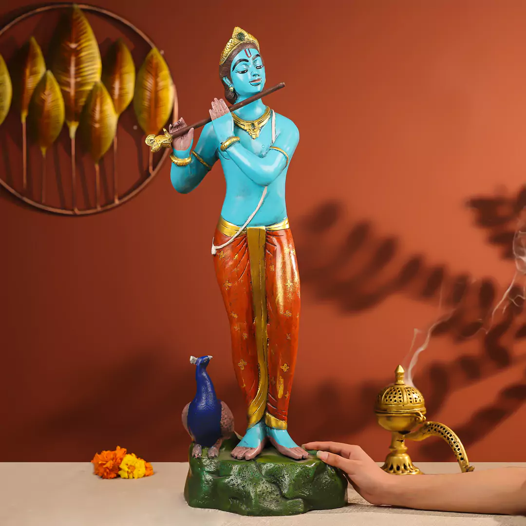 29" Coloured Brass Krishna Idol Fluting In Standing Pose With A Peacock On The Rock - Image 4