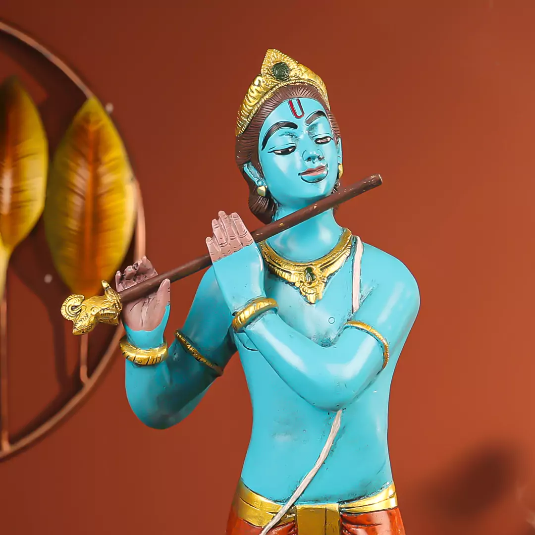 29" Coloured Brass Krishna Idol Fluting In Standing Pose With A Peacock On The Rock - Image 5