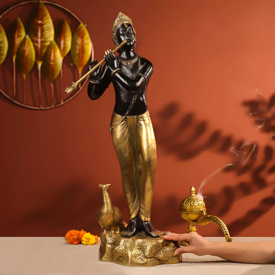 29" Black Coloured Brass Krishna Idol Fluting In Standing Pose With A Peacock On The Rock - Image 4