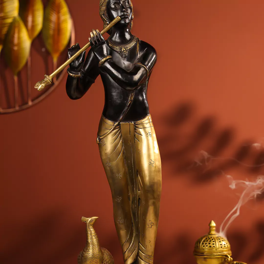 29" Black Coloured Brass Krishna Idol Fluting In Standing Pose With A Peacock On The Rock - Image 5