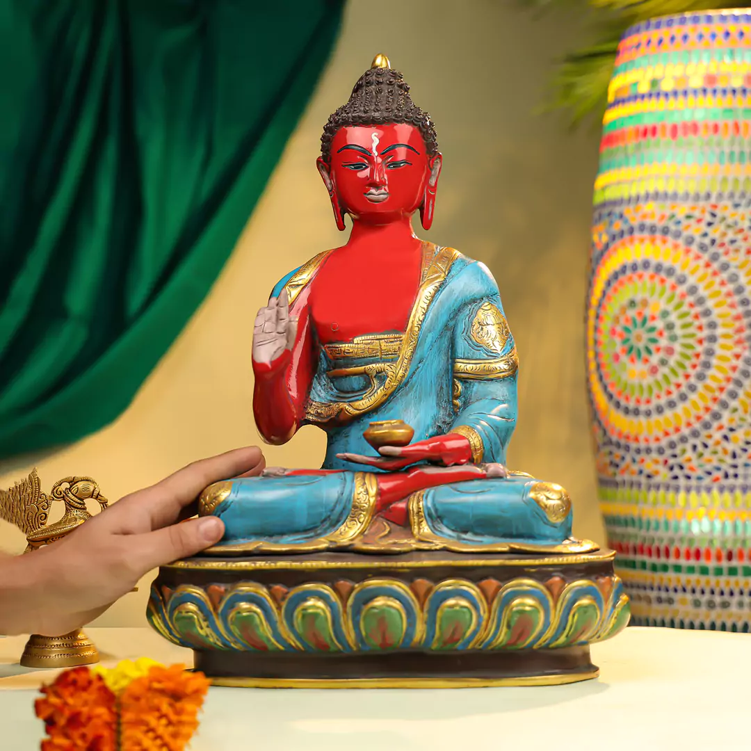 17" Coloured Brass Lord Buddha Seated Idol On Lotus Base - Image 4