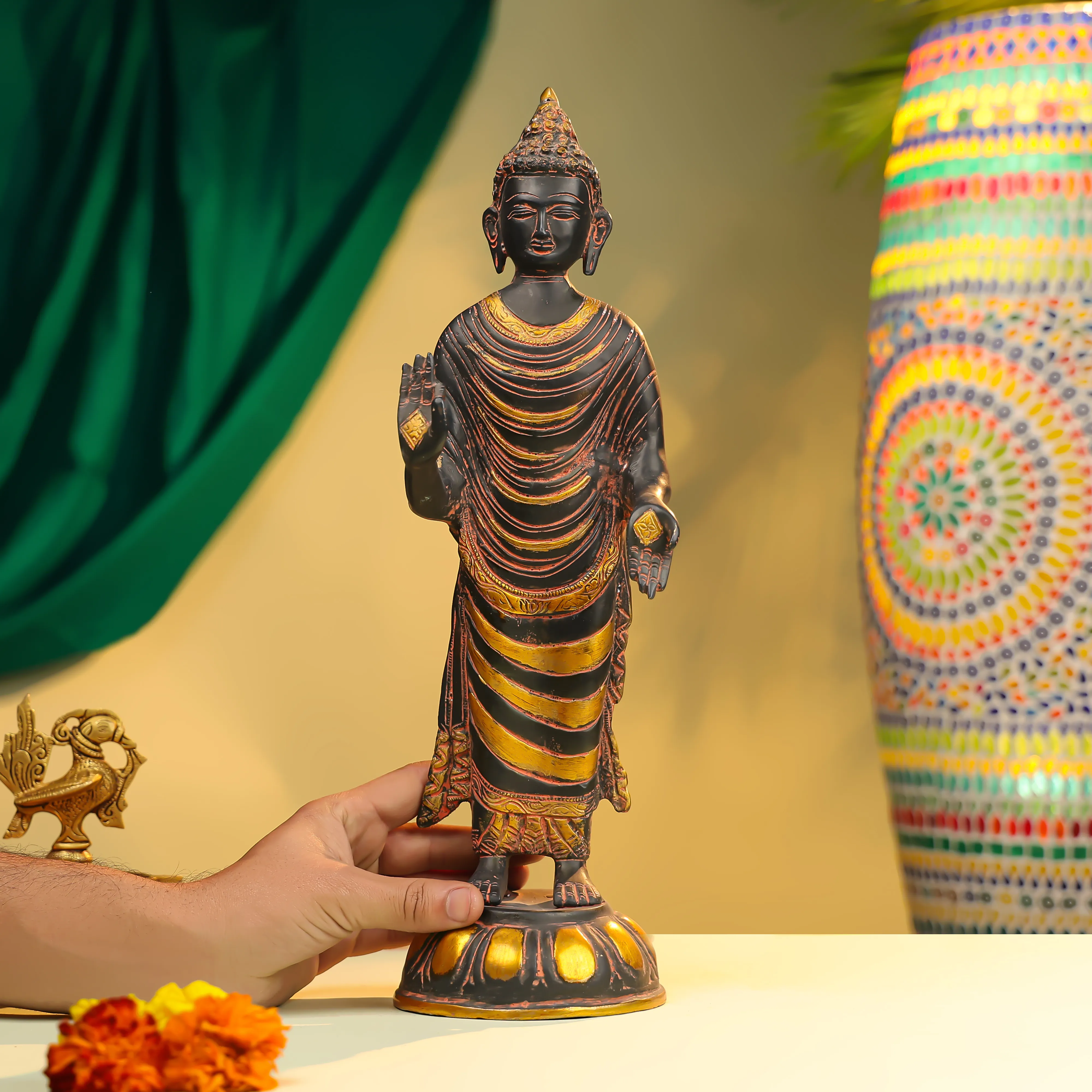 16" Coloured Brass Lord Buddha Standing - Image 4