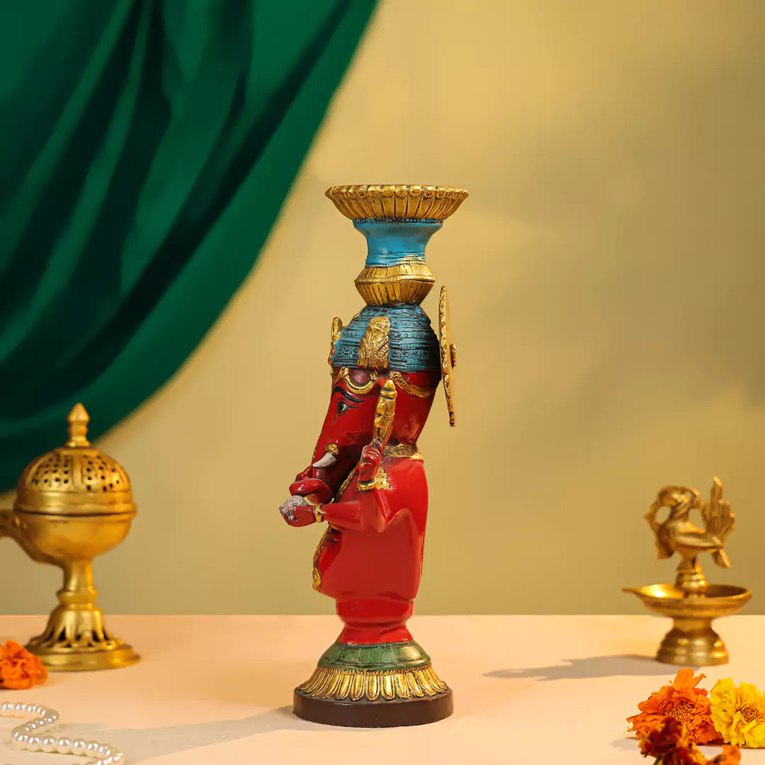 14" Coloured Brass Lord Ganesha Candle Stand - Image 3