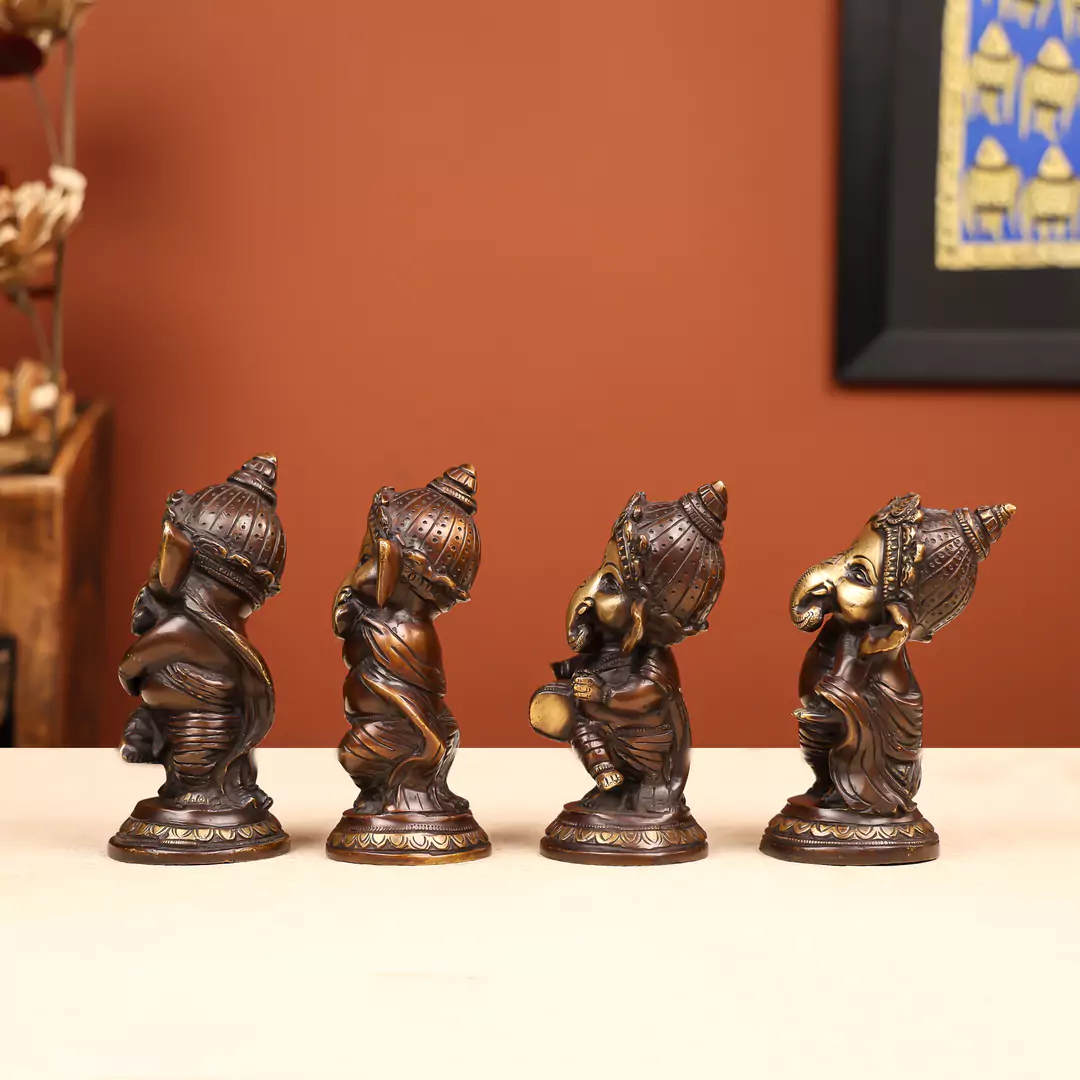 6" Coloured Brass Lord Ganesha Musician Set of Four - Image 3