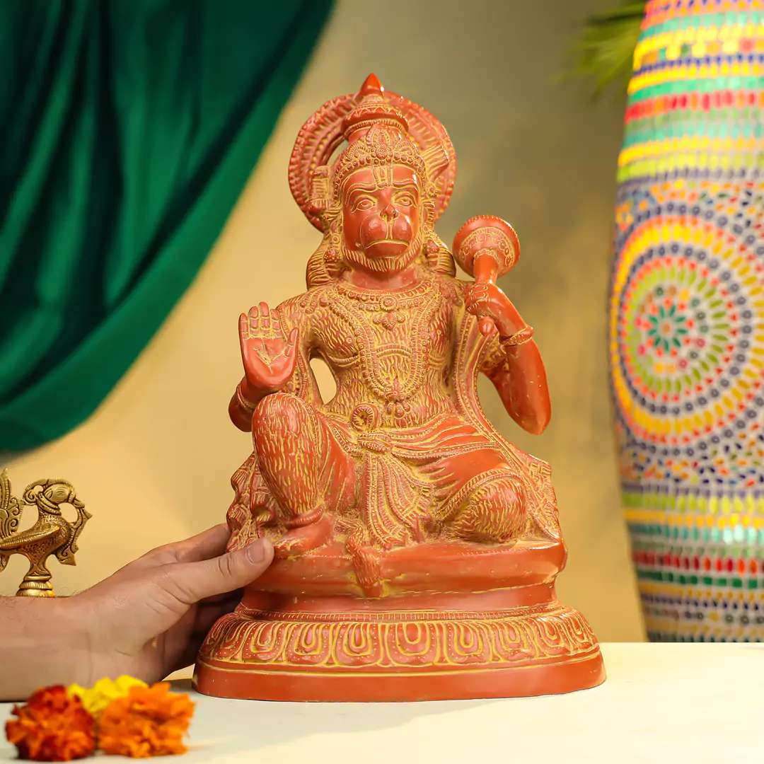 16" Coloured Brass Lord Hanuman Idol Seated On Oval Base - Image 3