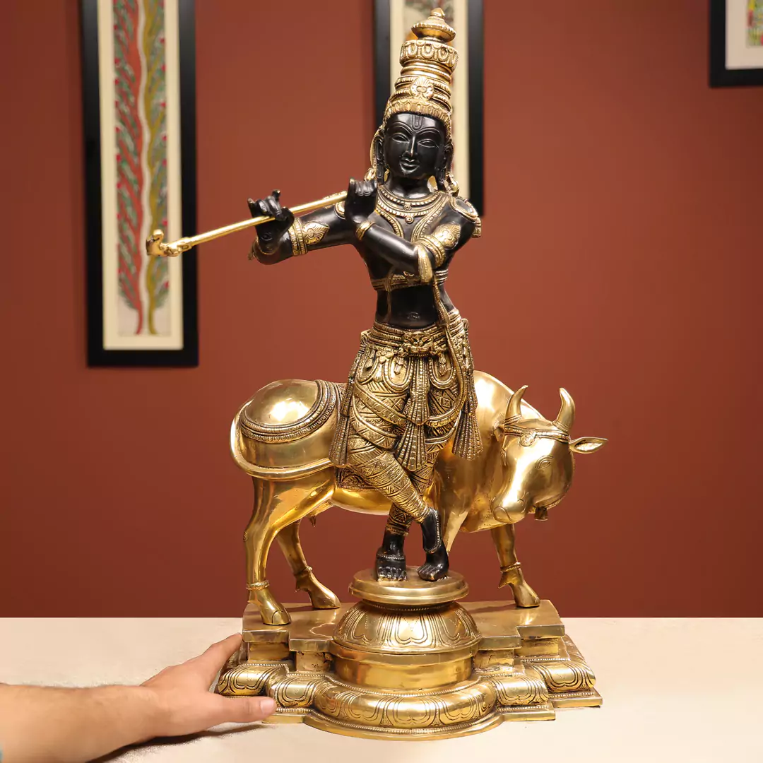 26" Coloured Brass Lord Krishna Idol Fluting With Cow In Background - Image 3