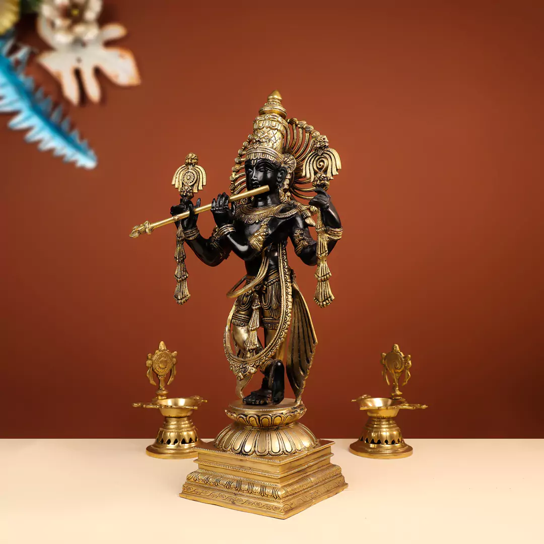 24" Coloured Brass Lord Krishna Murlidhar Idol Standing With Crown - Image 3