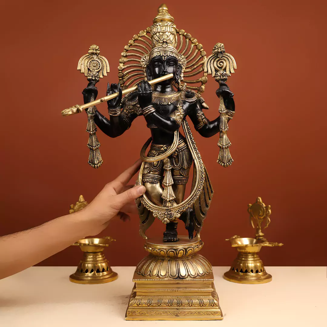24" Coloured Brass Lord Krishna Murlidhar Idol Standing With Crown - Image 5