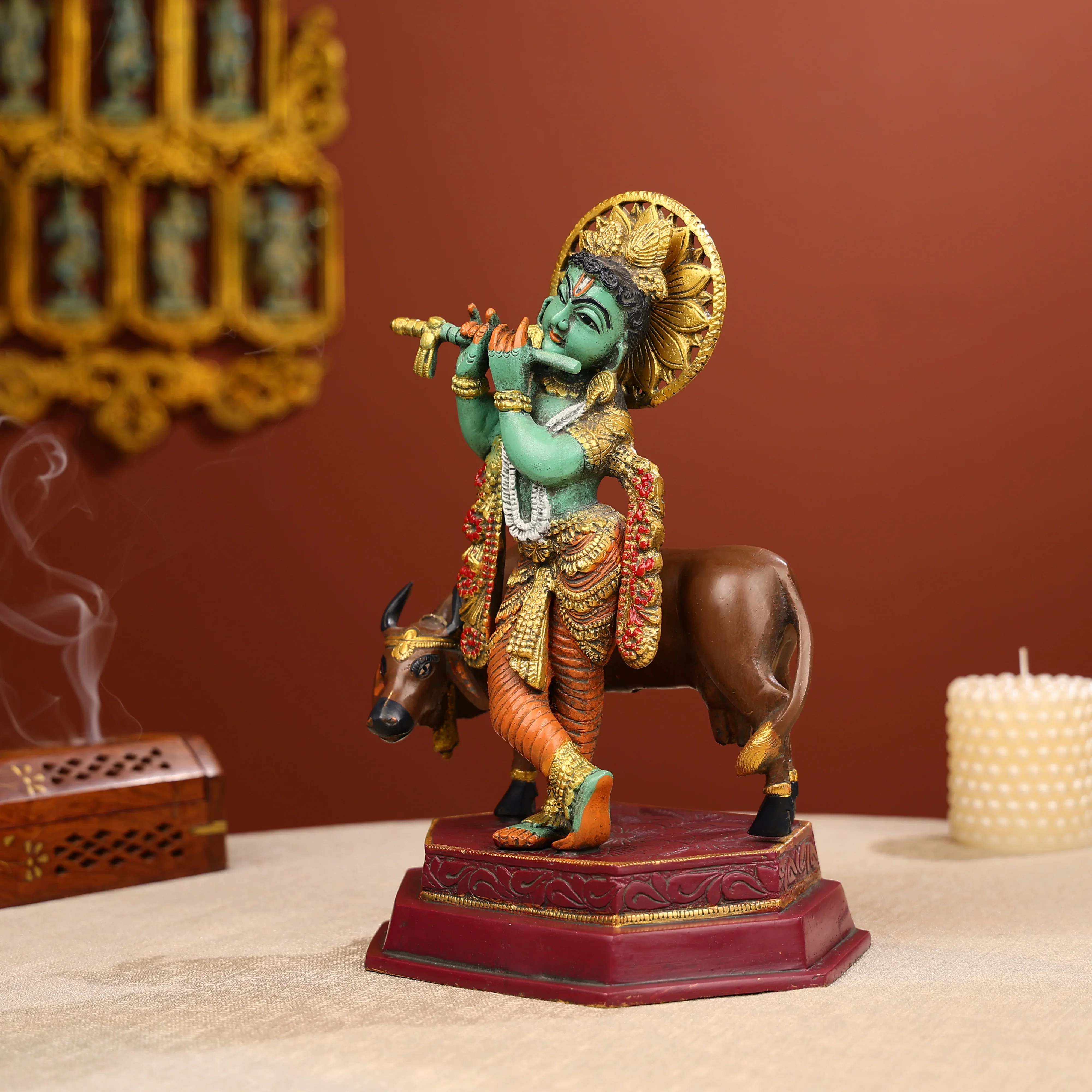 12" Coloured Brass Lord Krishna Statue Fluting With A Cow in Background - Image 2