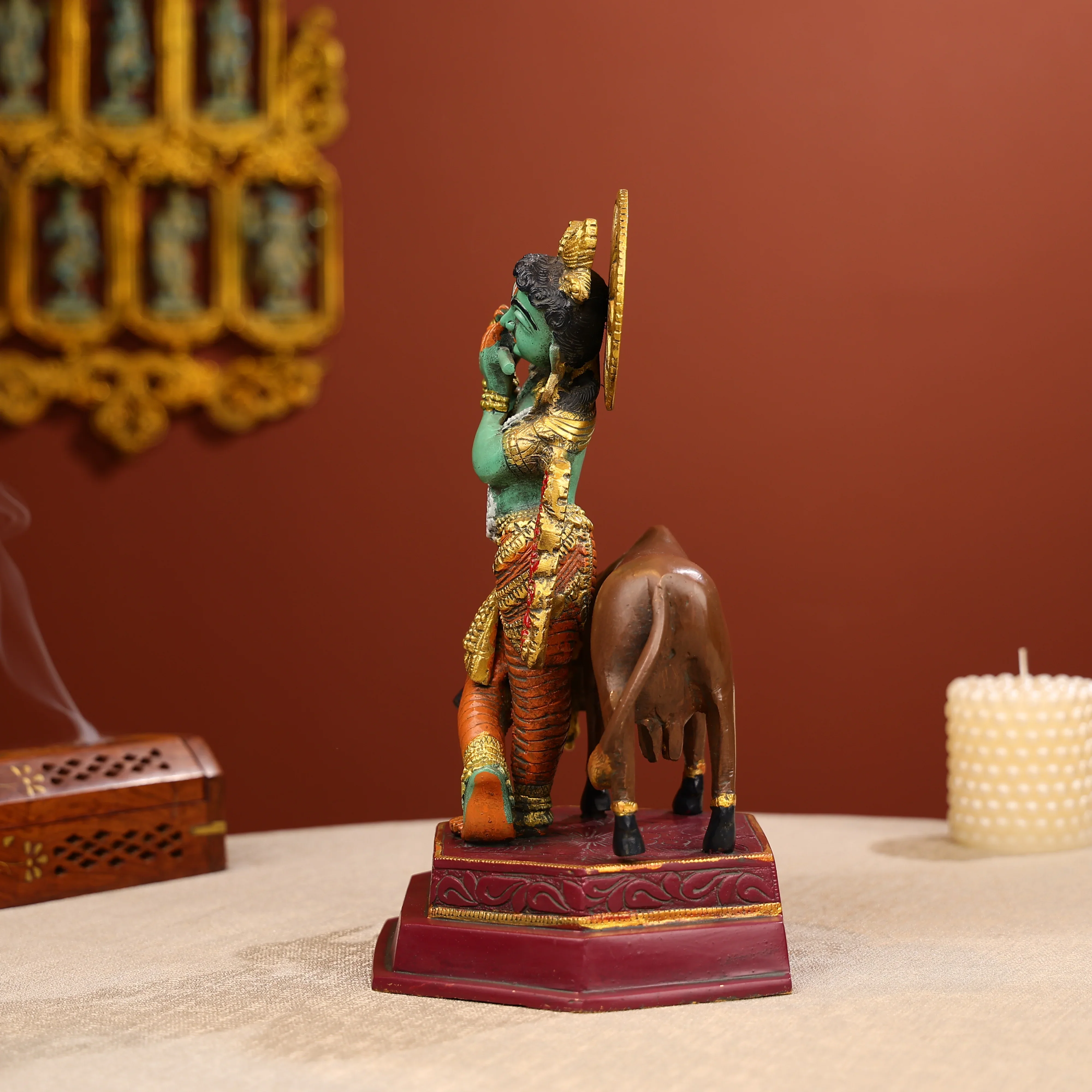 12" Coloured Brass Lord Krishna Statue Fluting With A Cow in Background - Image 3