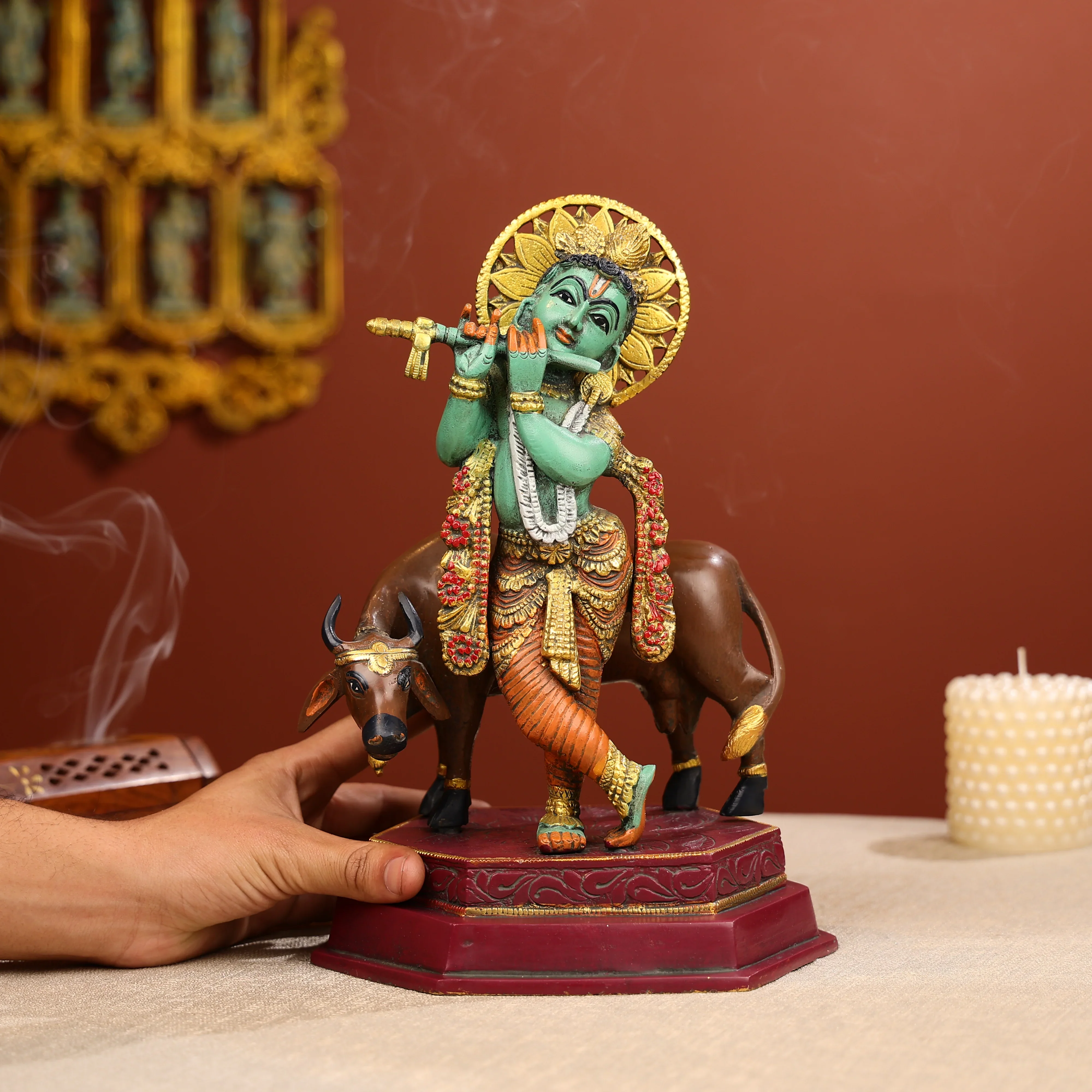 12" Coloured Brass Lord Krishna Statue Fluting With A Cow in Background - Image 6