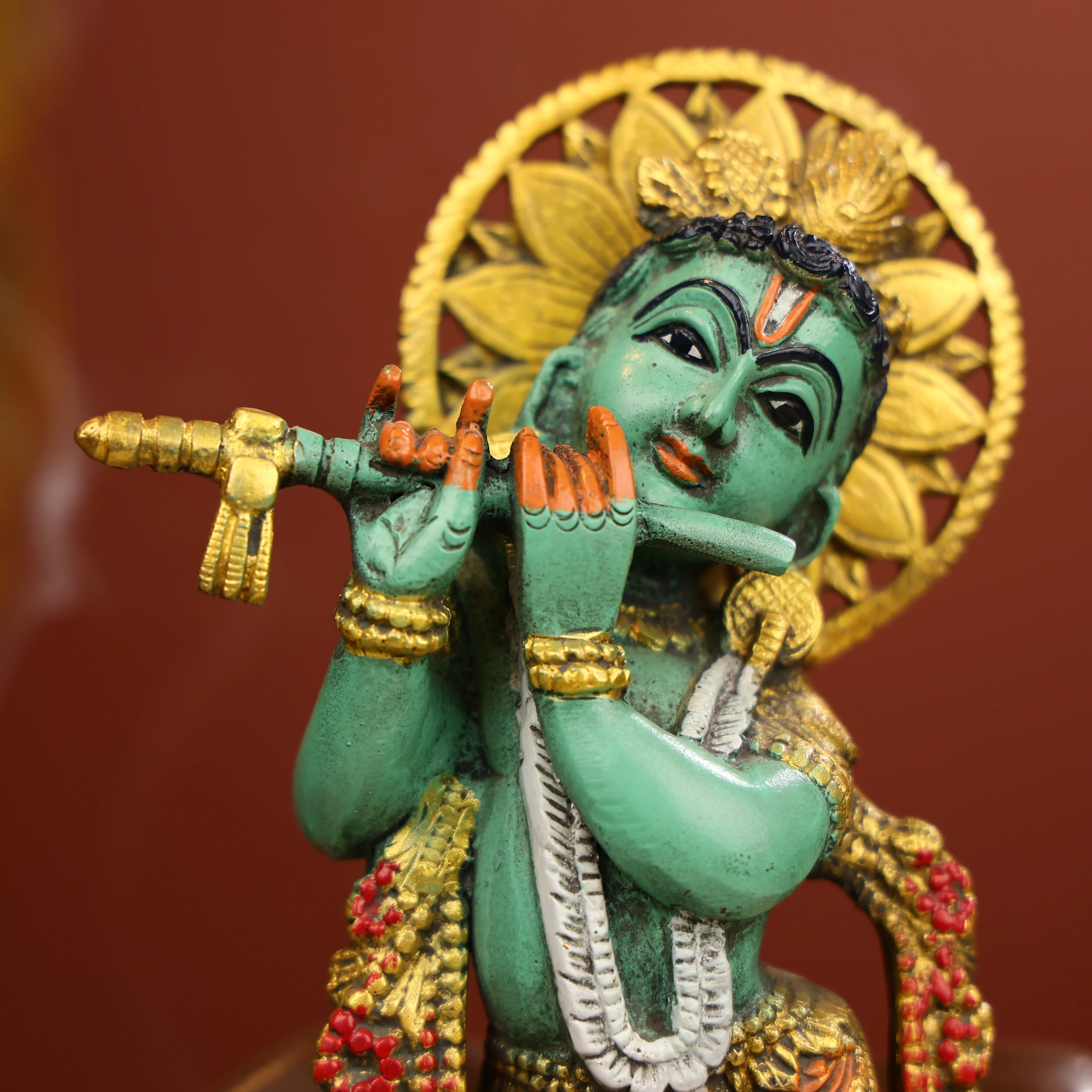 12" Coloured Brass Lord Krishna Statue Fluting With A Cow in Background - Image 7