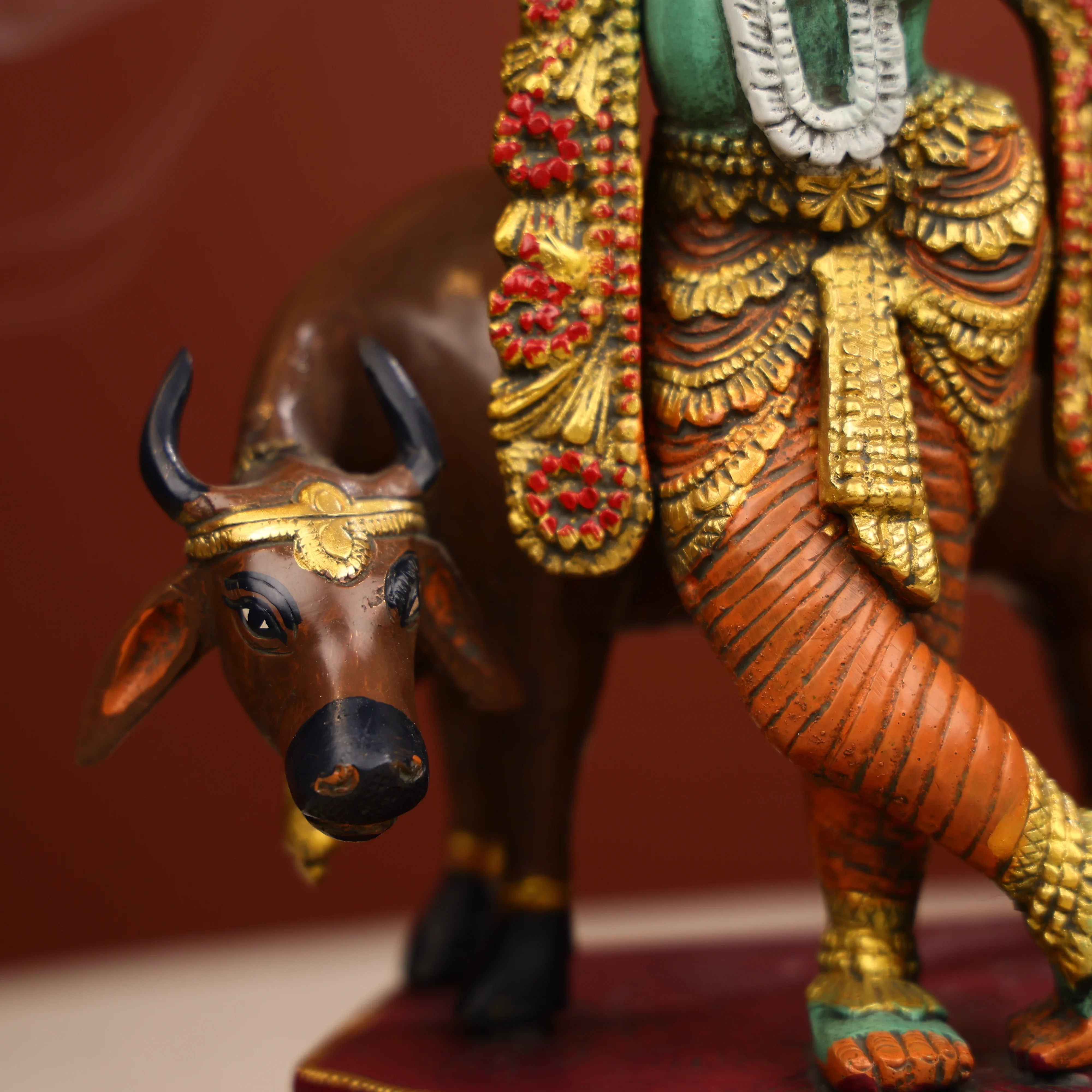 12" Coloured Brass Lord Krishna Statue Fluting With A Cow in Background - Image 9