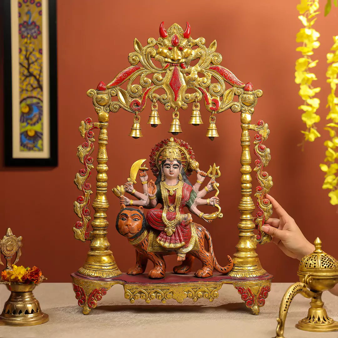 Coloured-Brass Maa Durga Idol With Temple Arch - Image 3