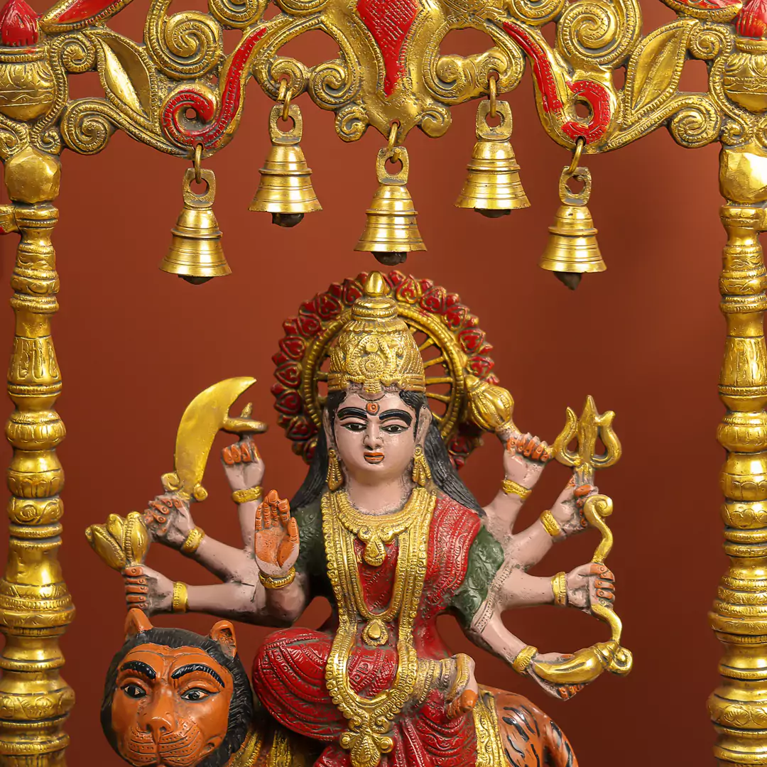 Coloured-Brass Maa Durga Idol With Temple Arch - Image 4