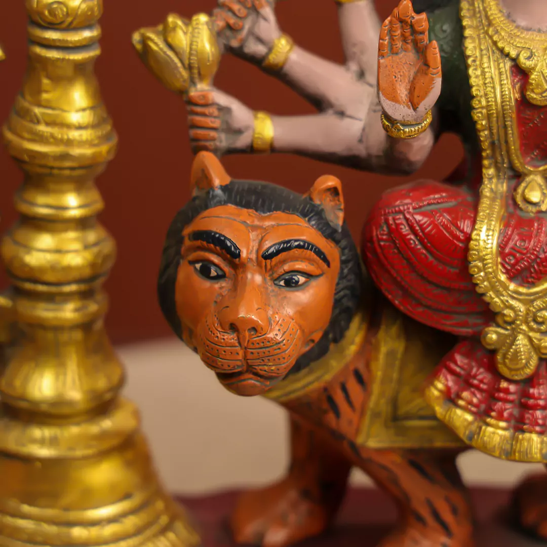 Coloured-Brass Maa Durga Idol With Temple Arch - Image 5