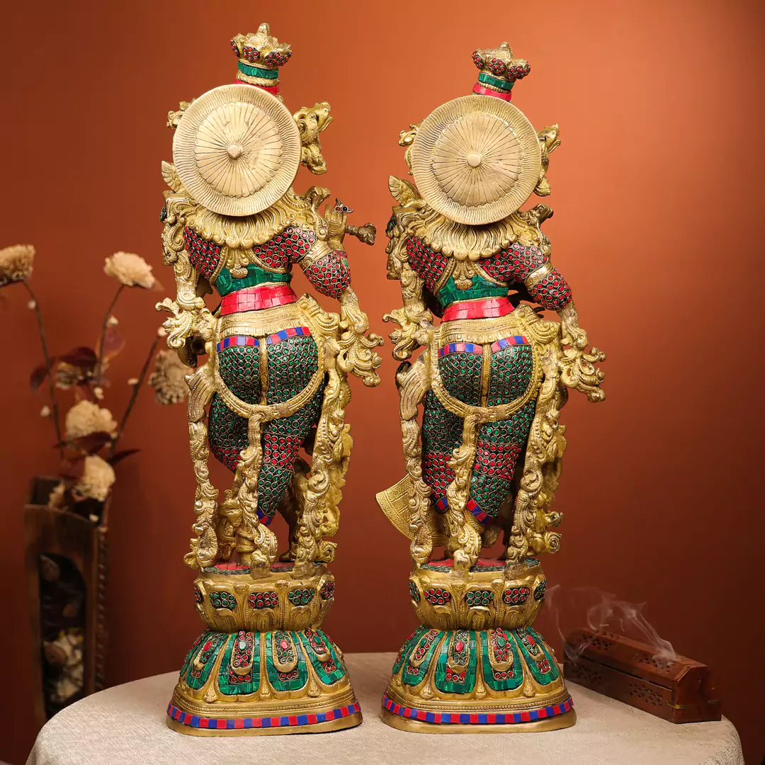 Colourful Brass Idol Of Lord Krishna And Shree Radha - Image 3