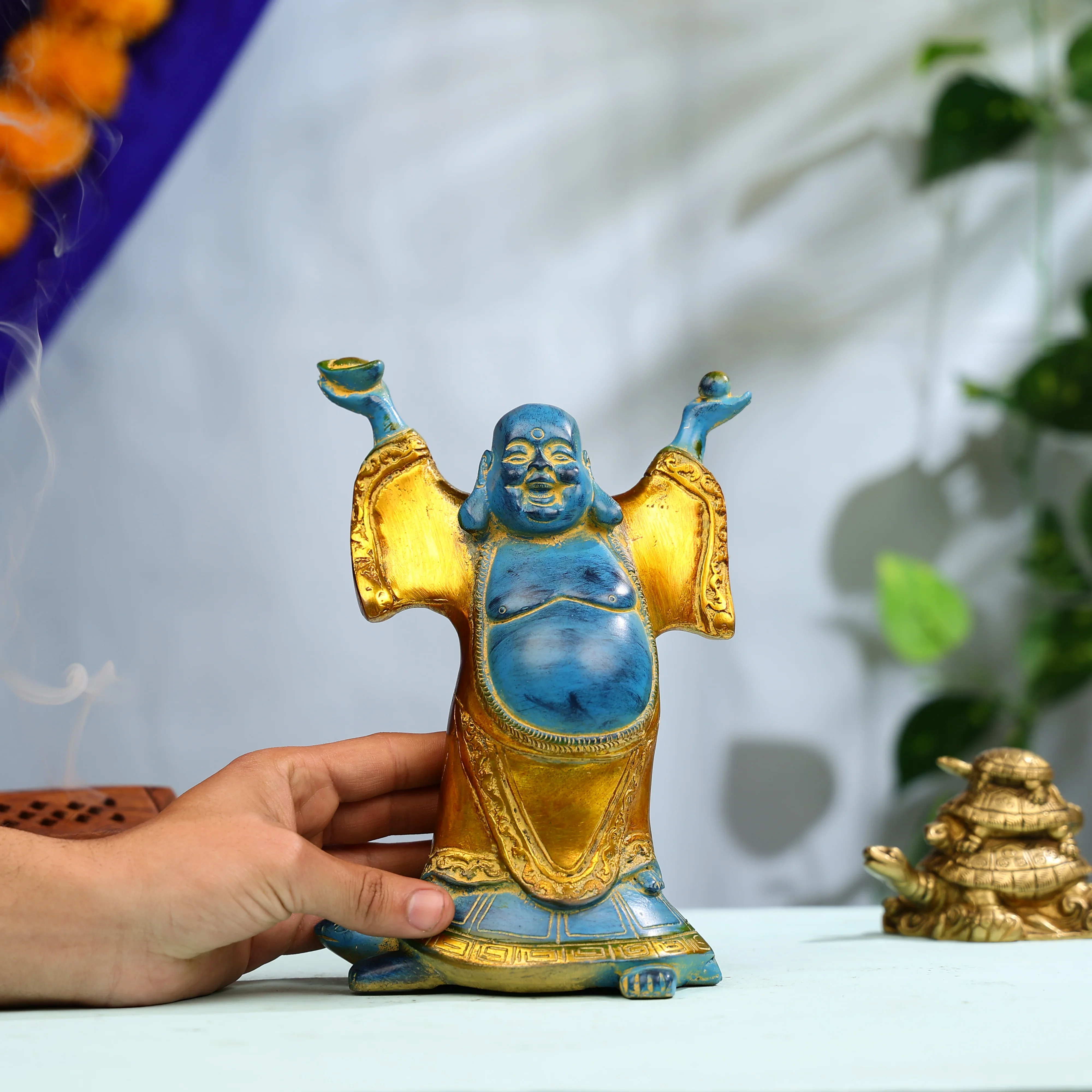 9" Coloured Brass Laughing Buddha Standing on Tortoise Idol - Image 4