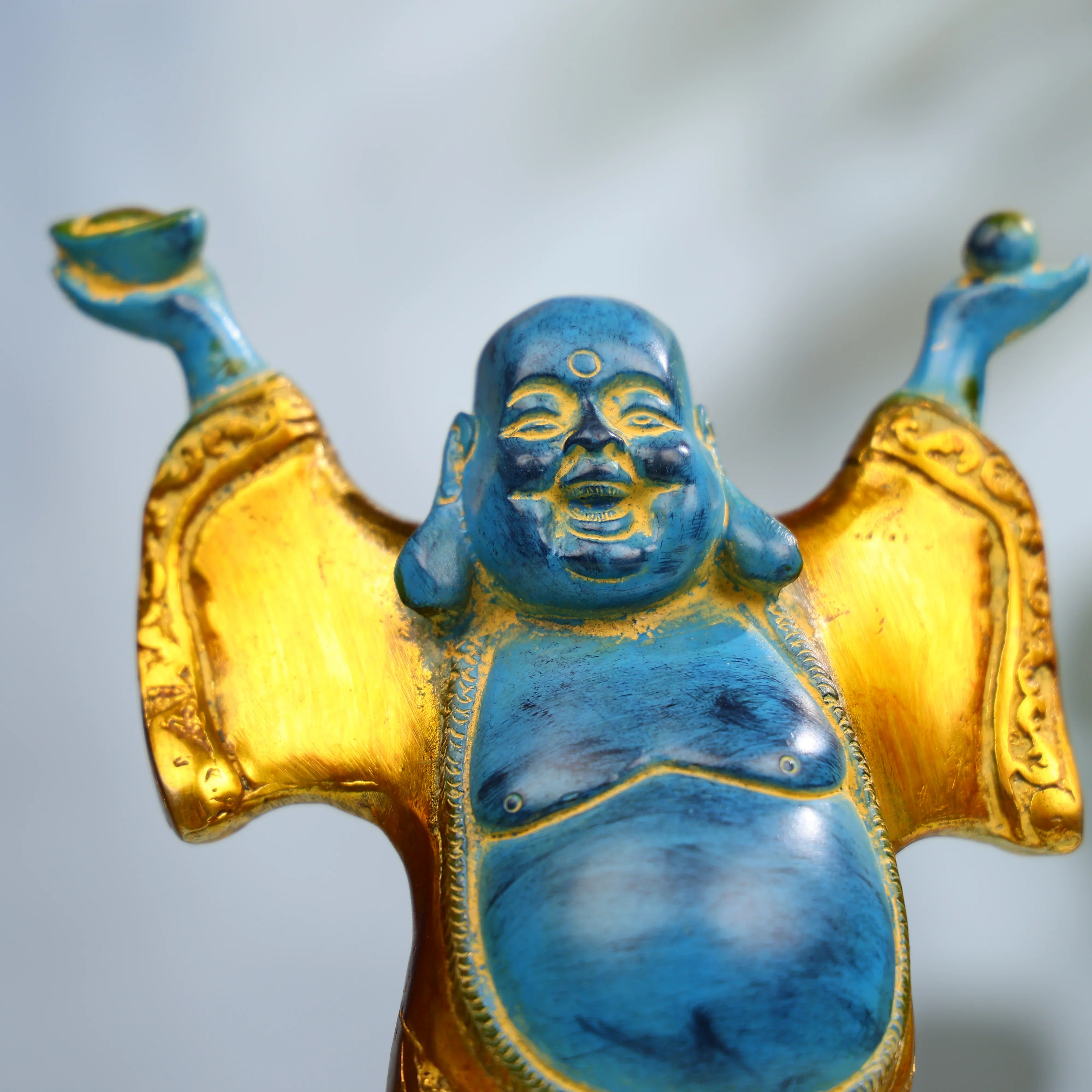 9" Coloured Brass Laughing Buddha Standing on Tortoise Idol - Image 5