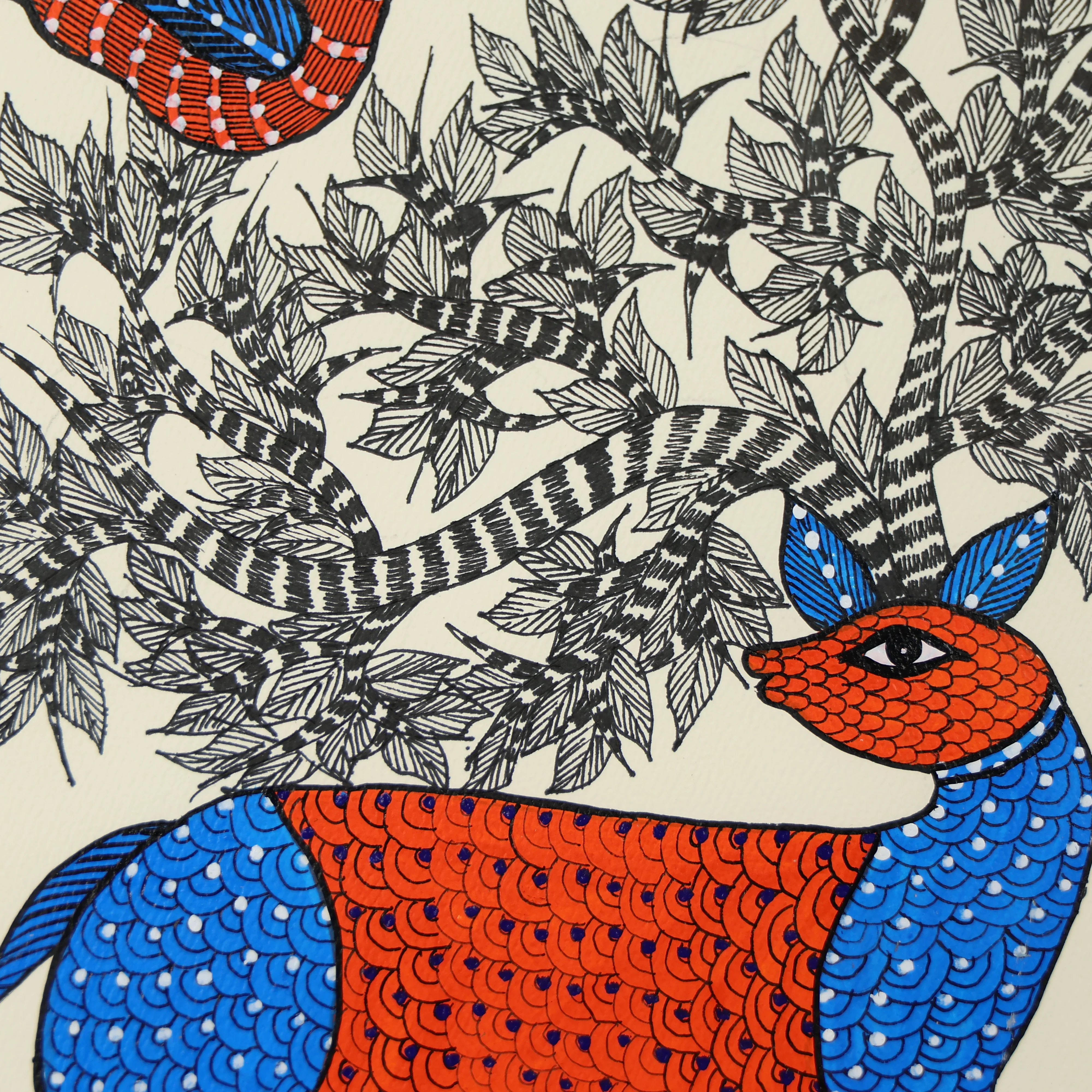 Gond Hand-painted Deer Standing Quietly By A Tree Watching The Bird Wall Art - Image 3