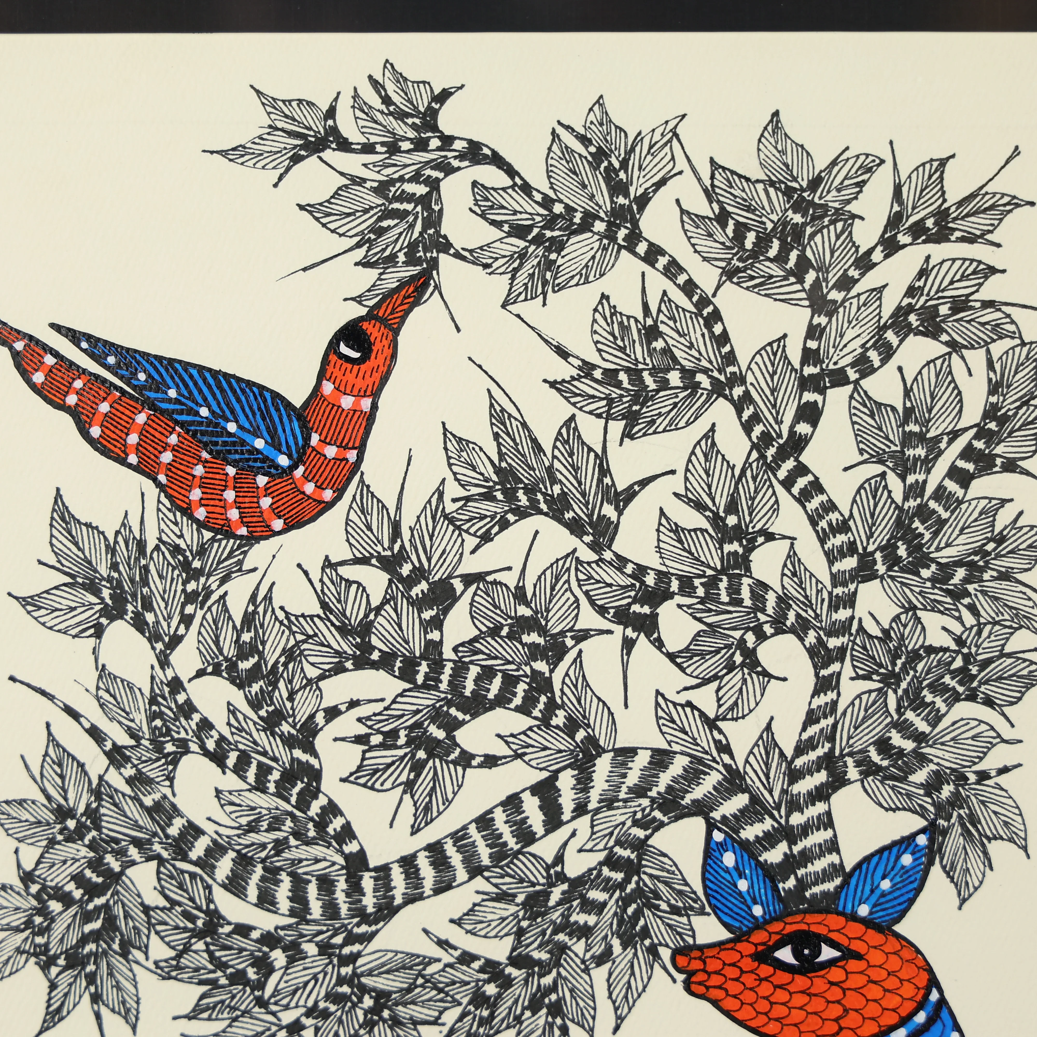 Gond Hand-painted Deer Standing Quietly By A Tree Watching The Bird Wall Art - Image 5