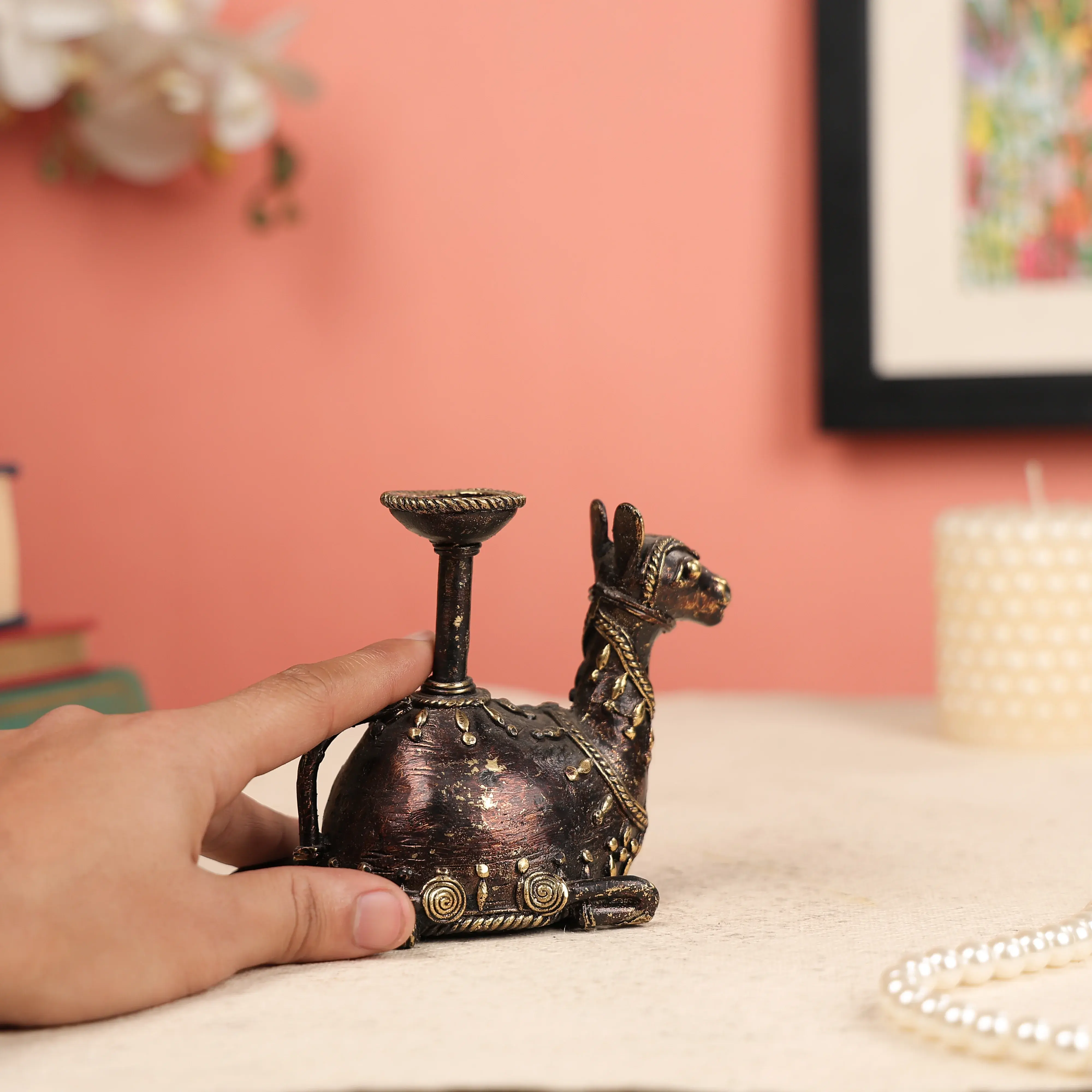 4.5" Dhokra Art Coloured Tribal Camel Candle Holder - Image 3