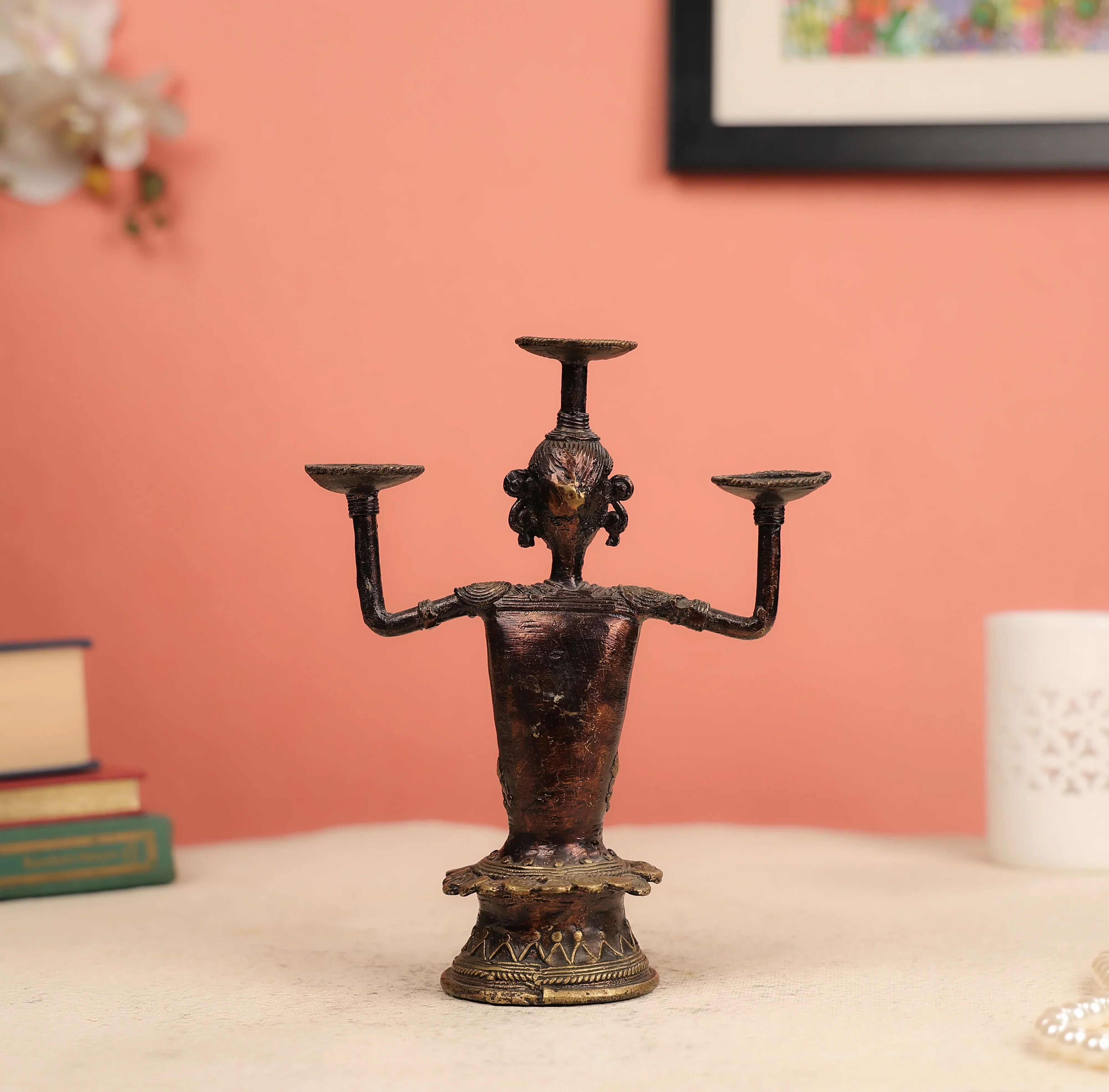 9" Dhokra Art Coloured Tribal Woman Bust Candle Holder - Image 3
