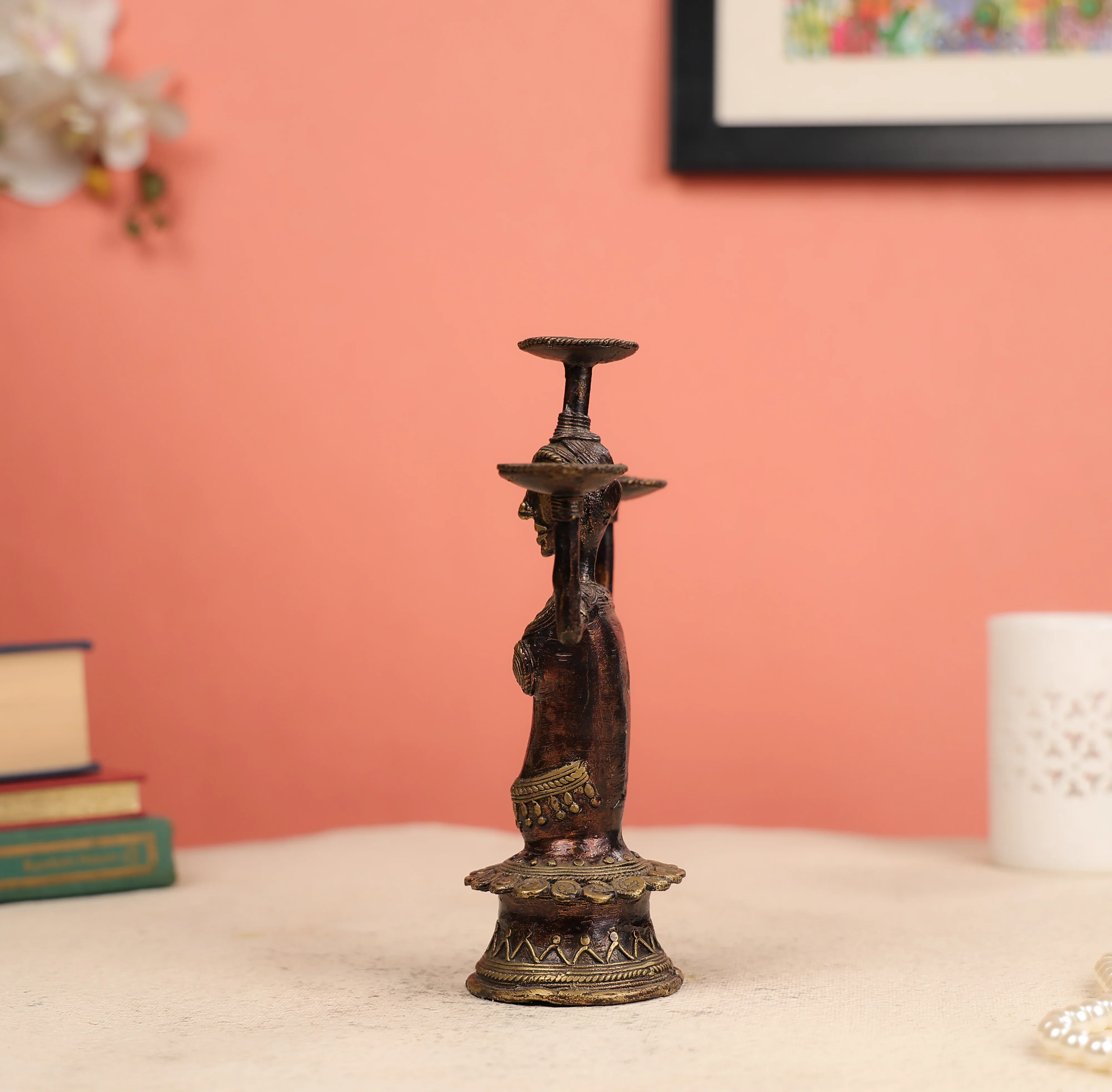 9" Dhokra Art Coloured Tribal Woman Bust Candle Holder - Image 4