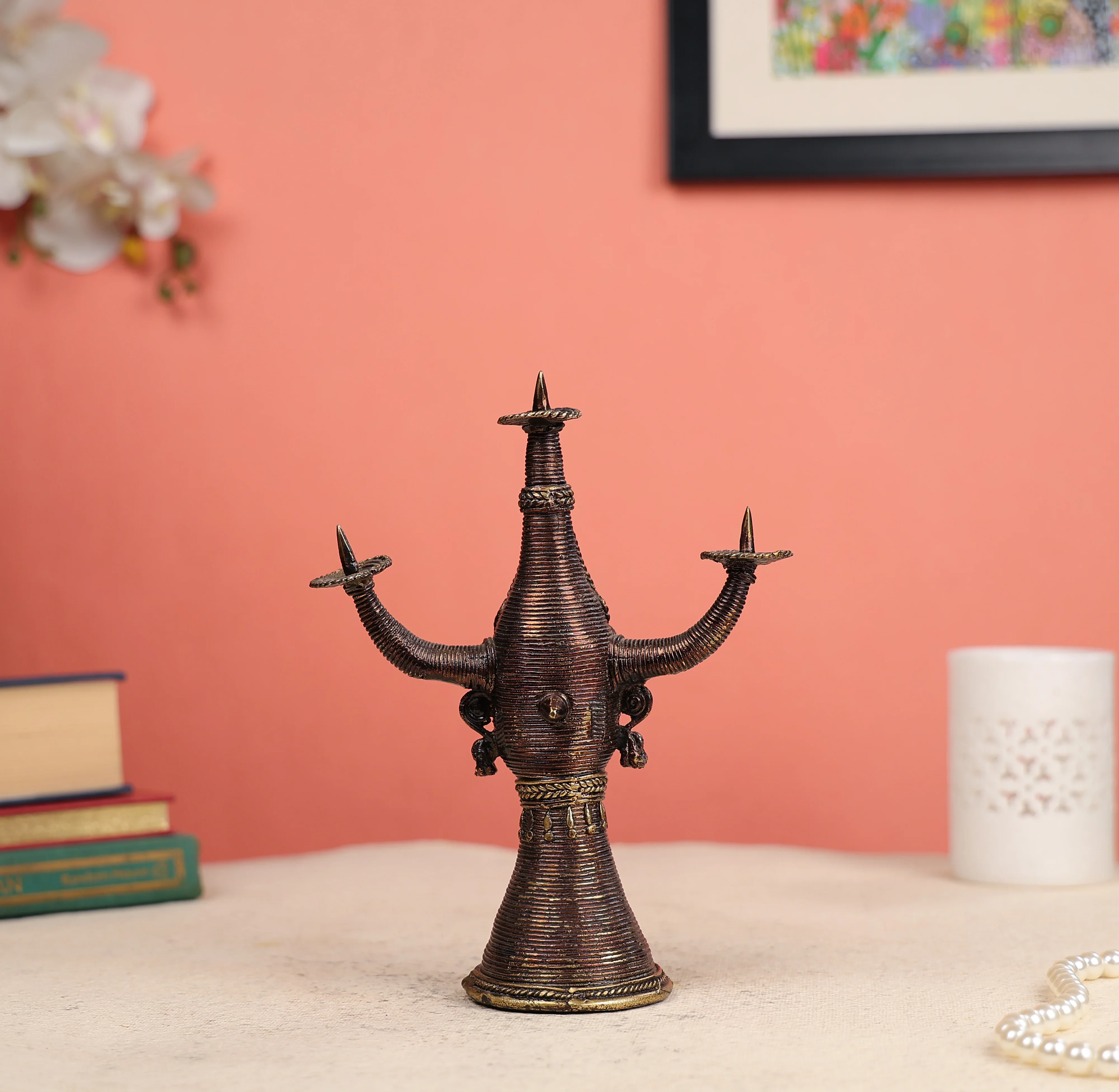 9" Dhokra Art Coloured Tribal Woman Head Candle Holder - Image 3