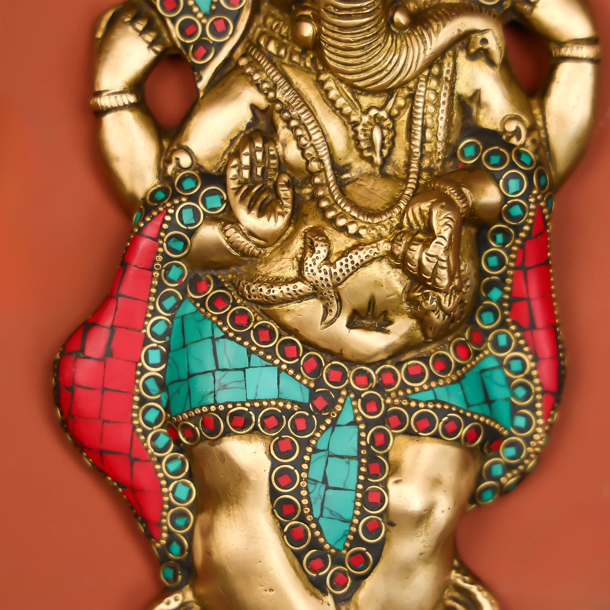 Divine Ganesha Brass Inlay Stonework Idol - Image 3