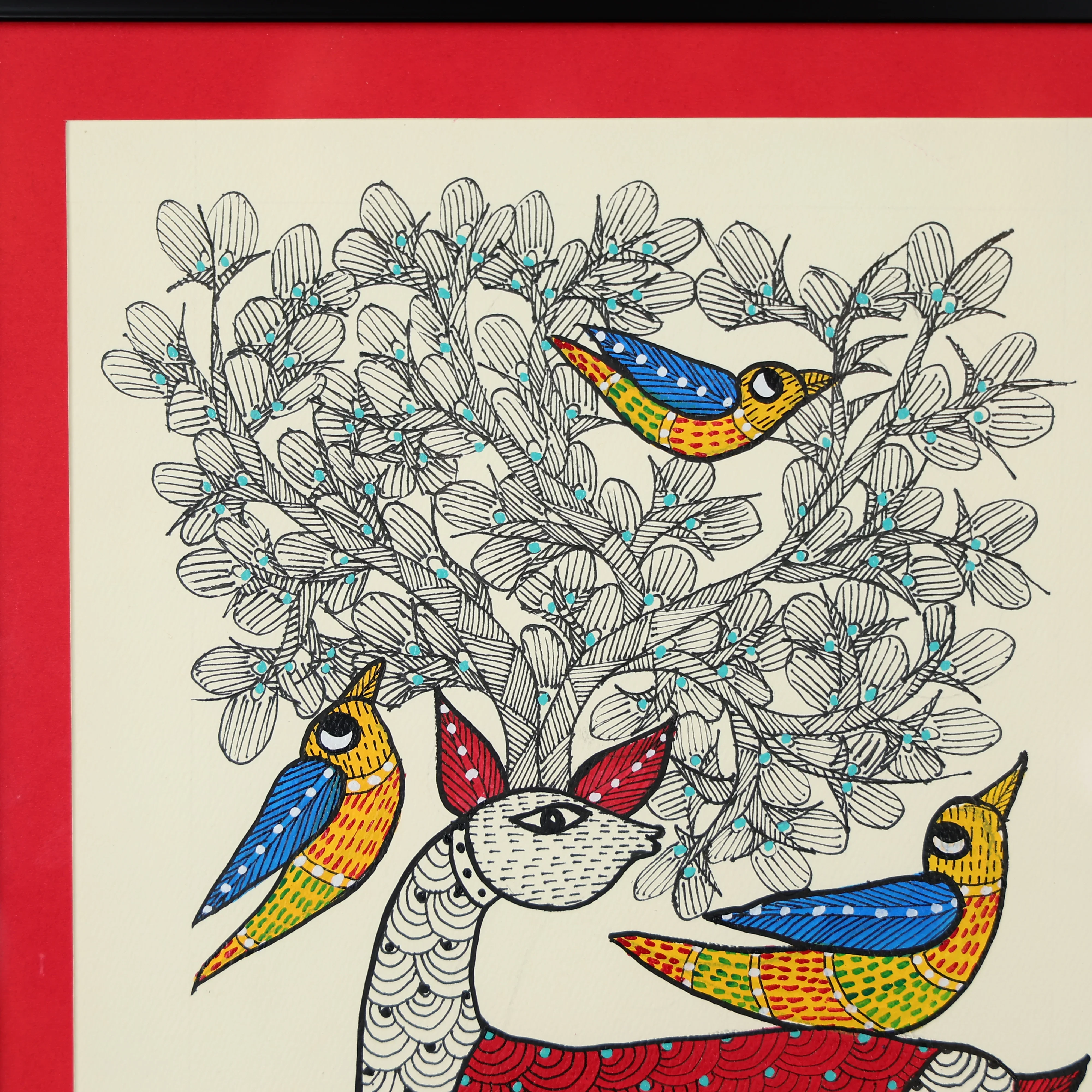 Gond Hand-painted Deer In The Wild Glass Framed Wall Art - Image 3