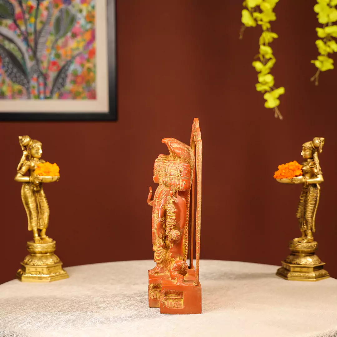 Gold And Orange Coloured Brass Lord Vishnu Idol - Image 3