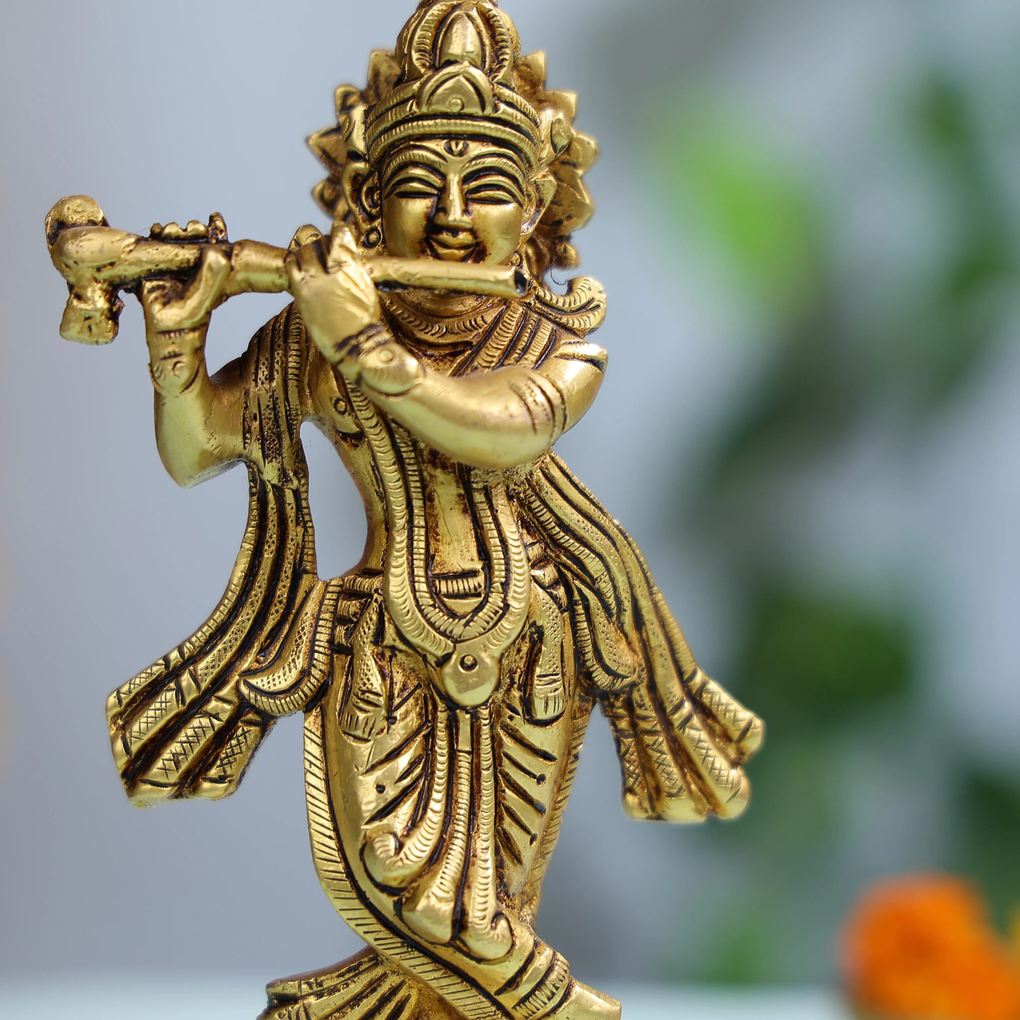Graceful Brass Krishna Statue Playing Flute For Spiritual And Home Decor - Image 4