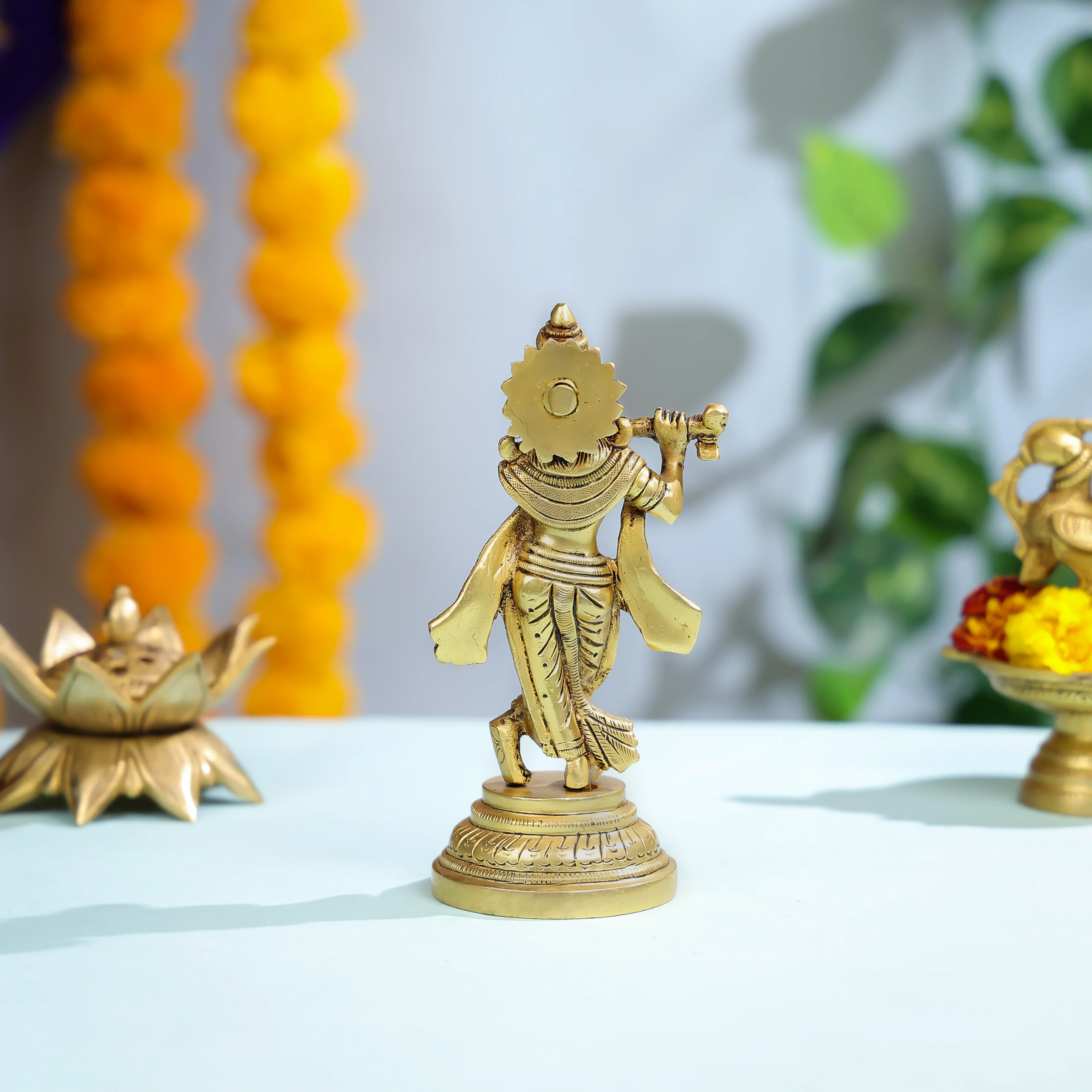 Graceful Brass Krishna Statue Playing Flute For Spiritual And Home Decor - Image 6