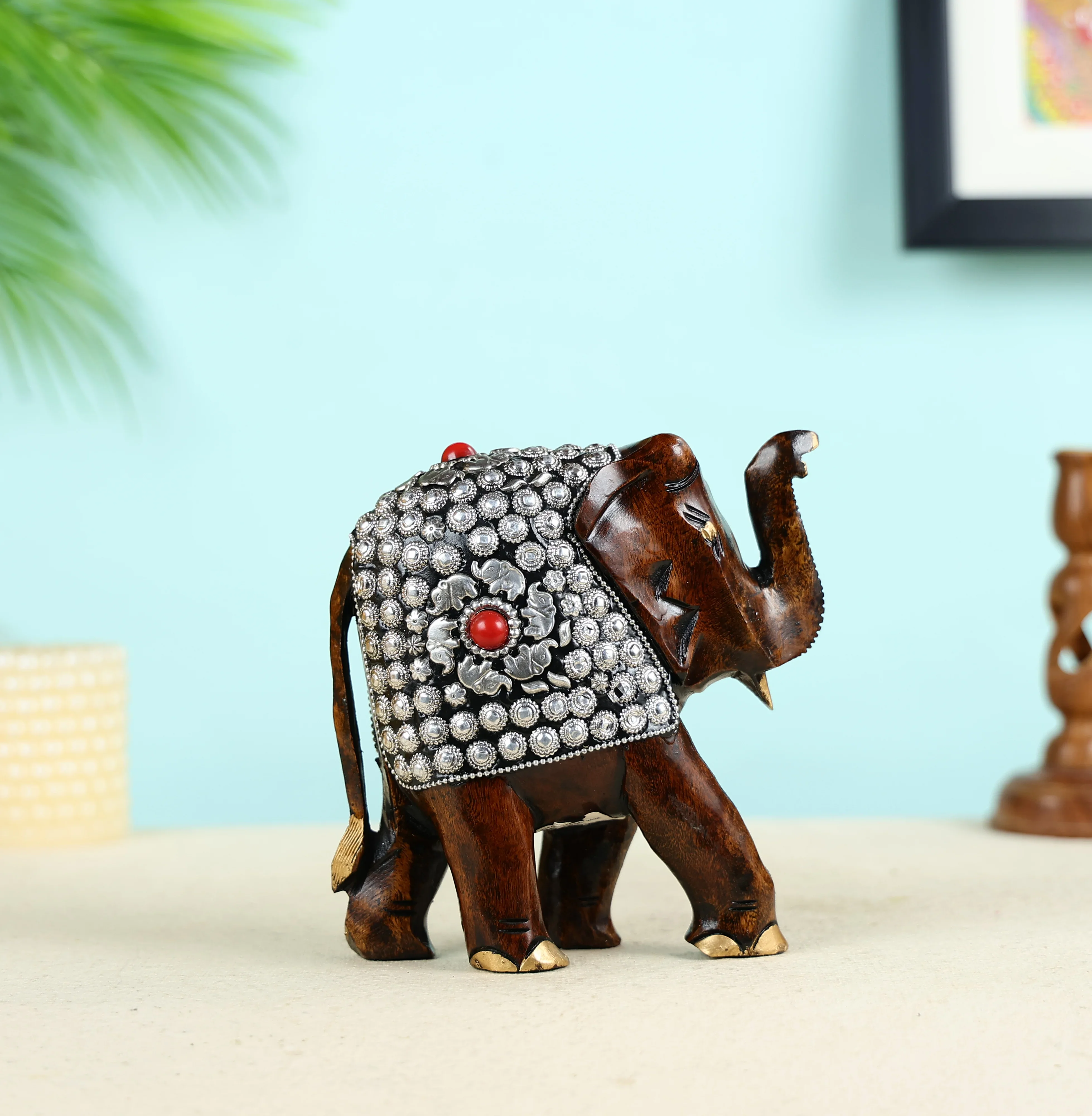 Hand Carved Welcoming Elephant With Metal Beads Work Table Decor - Image 4