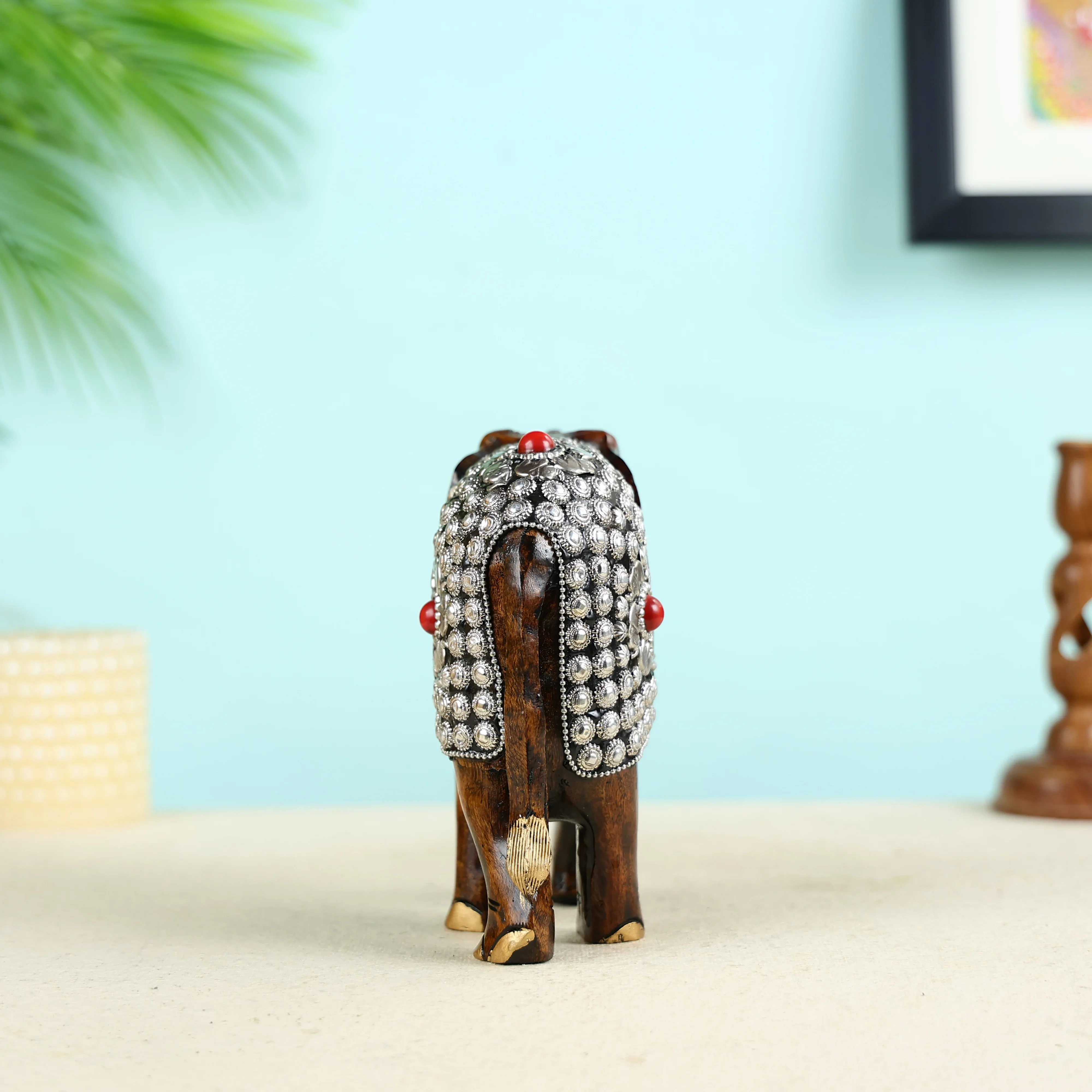 Hand Carved Welcoming Elephant With Metal Beads Work Table Decor - Image 5