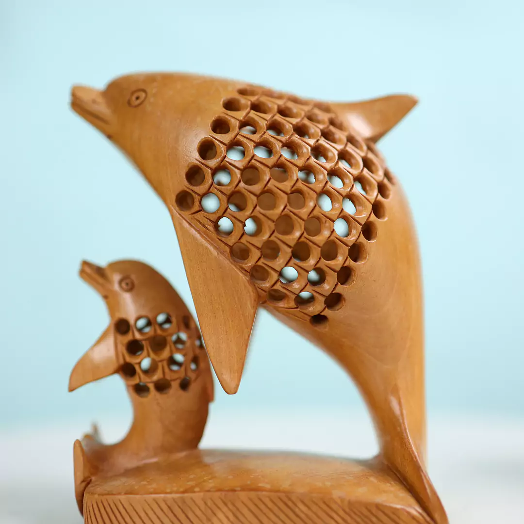 5" Kadam Wood Carved Under Cut Dolphin Family Table Decor - Image 4