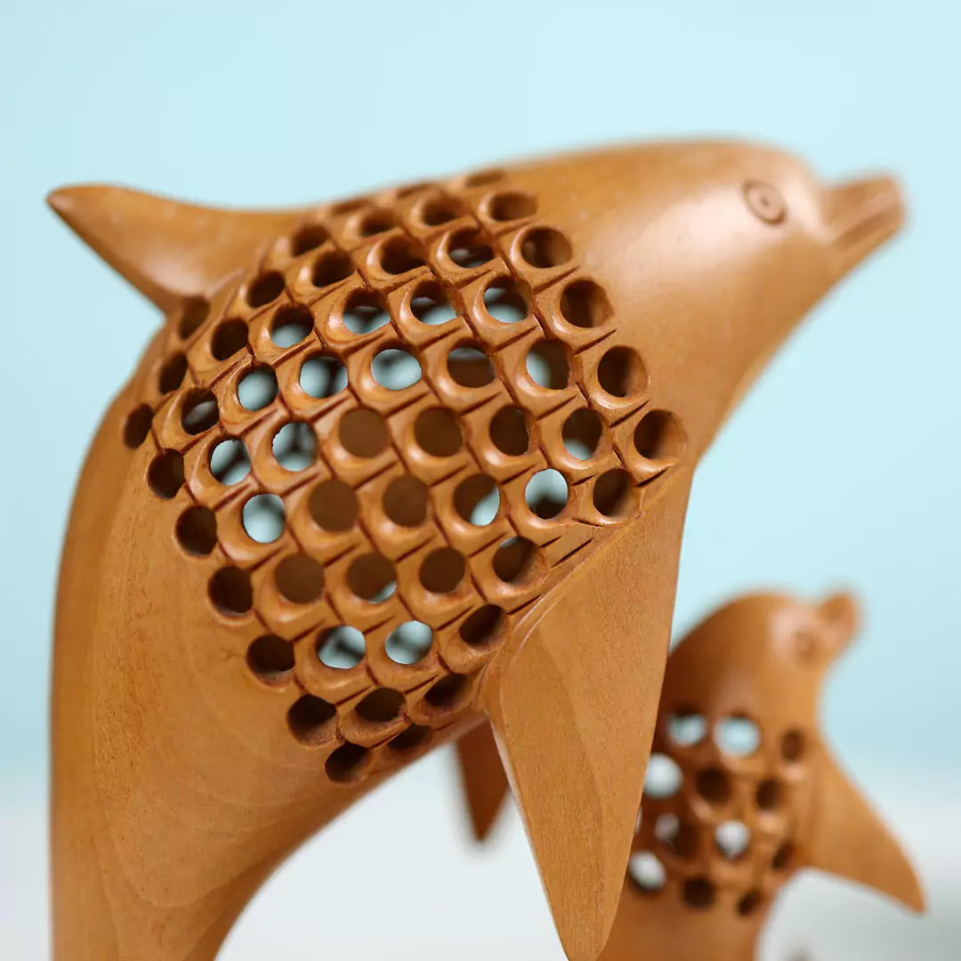 5" Kadam Wood Carved Under Cut Dolphin Family Table Decor - Image 5