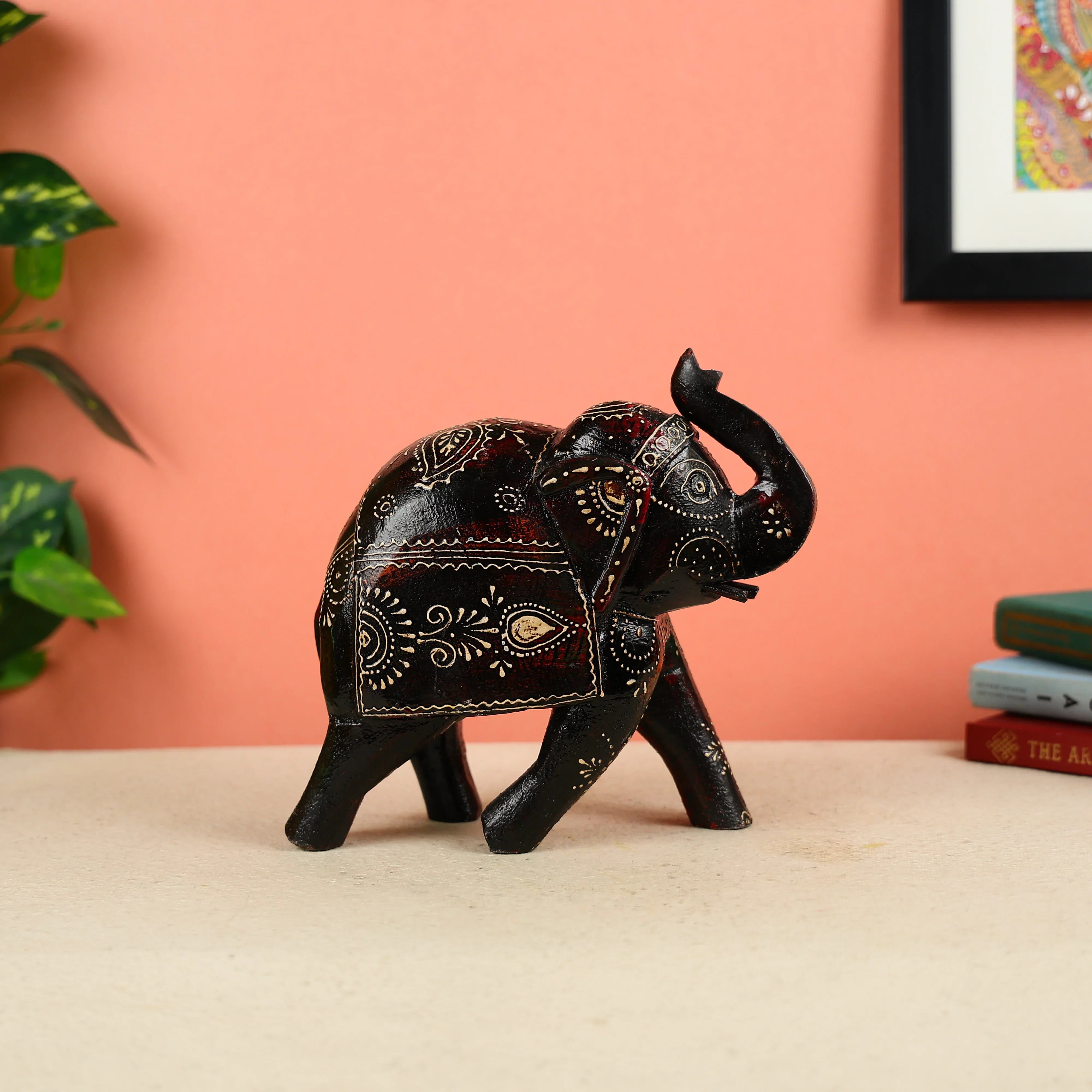 Hand Painted Dark Brown Wooden Elephant Table Decor - Image 2