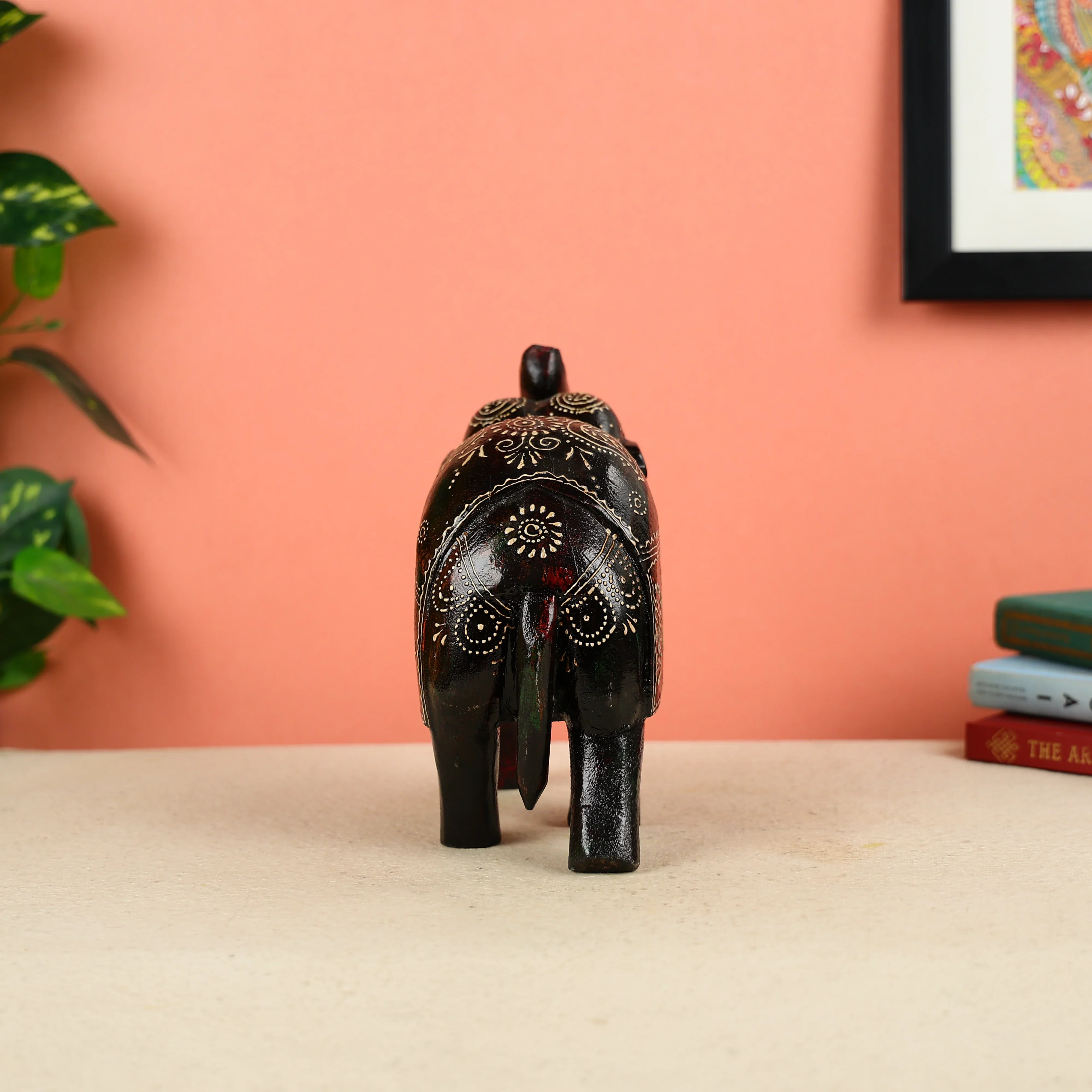 Hand Painted Dark Brown Wooden Elephant Table Decor - Image 3