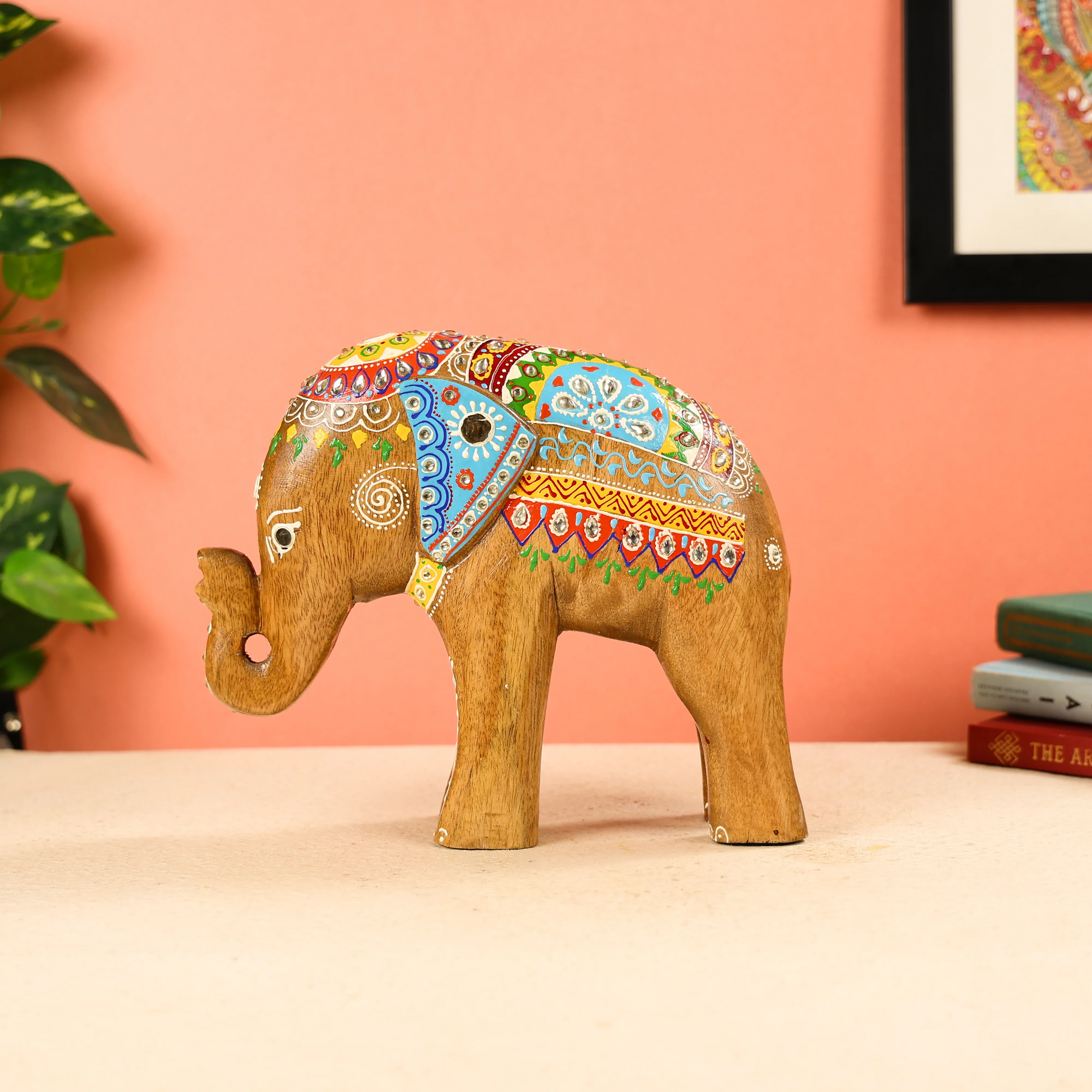 8.5" Mango Wood Carved & Hand Painted Multicolour Welcoming Elephant Table Decor - Image 4