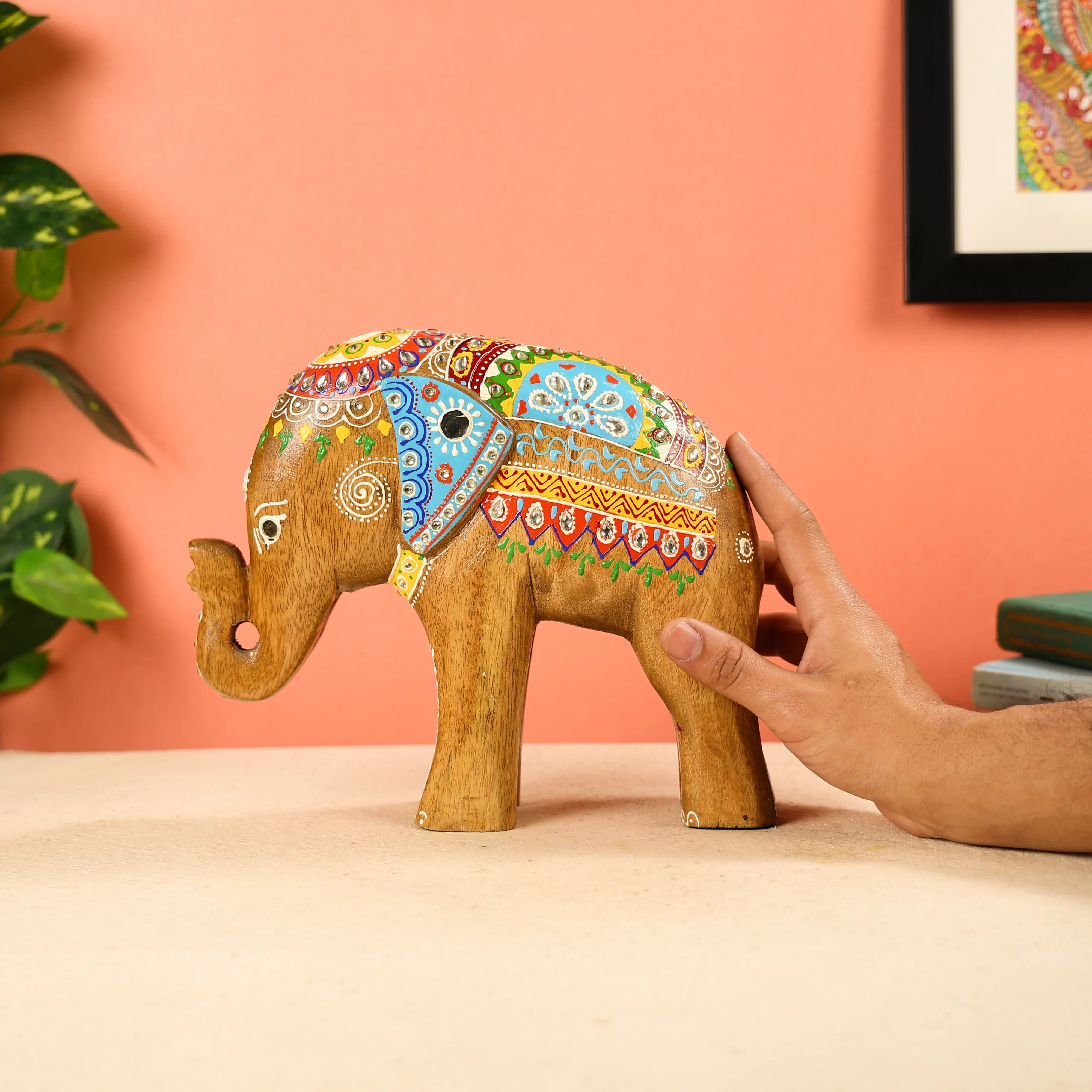 8.5" Mango Wood Carved & Hand Painted Multicolour Welcoming Elephant Table Decor - Image 6