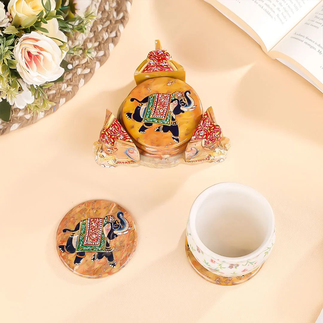 3" Hand Painted Stone Crafted with Triangular Stand Elephant Coasters Set of 6 - Image 3