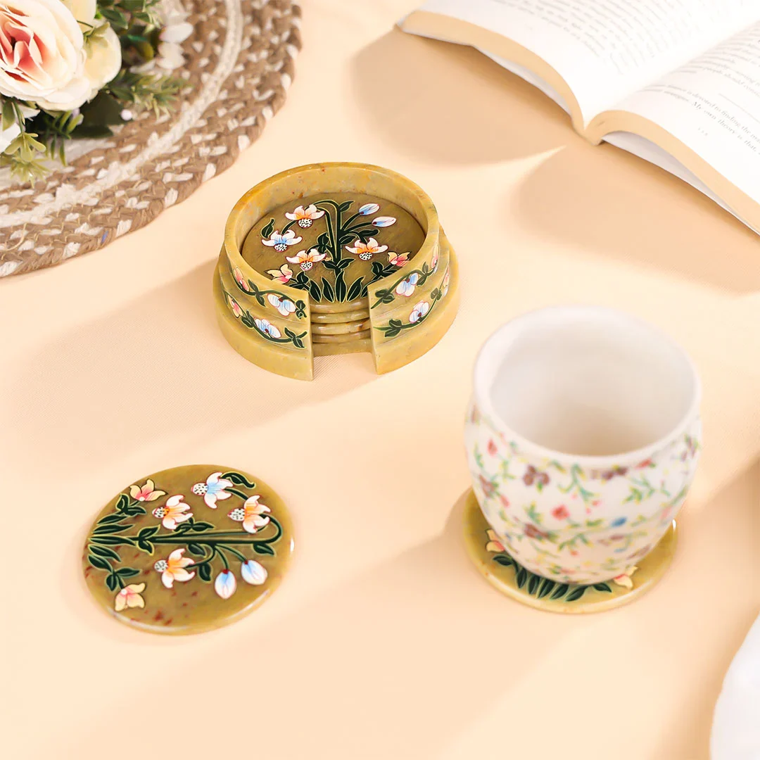 3" Hand Painted Stone Crafted with Stepped Stand Floral Coasters Set of 6 - Image 3