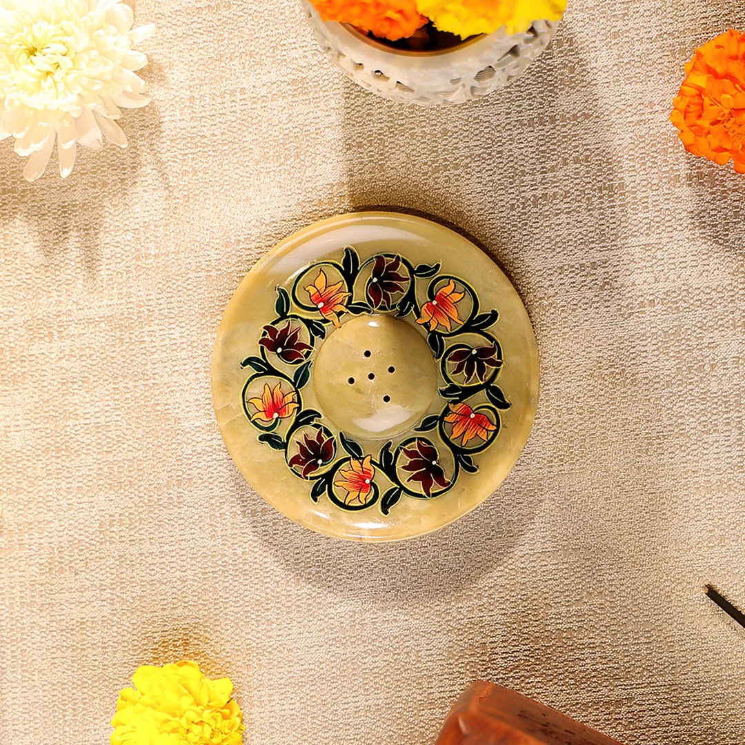 5" Hand Painted Stone Crafted Circular Shaped Incense Holder Plate - Image 3