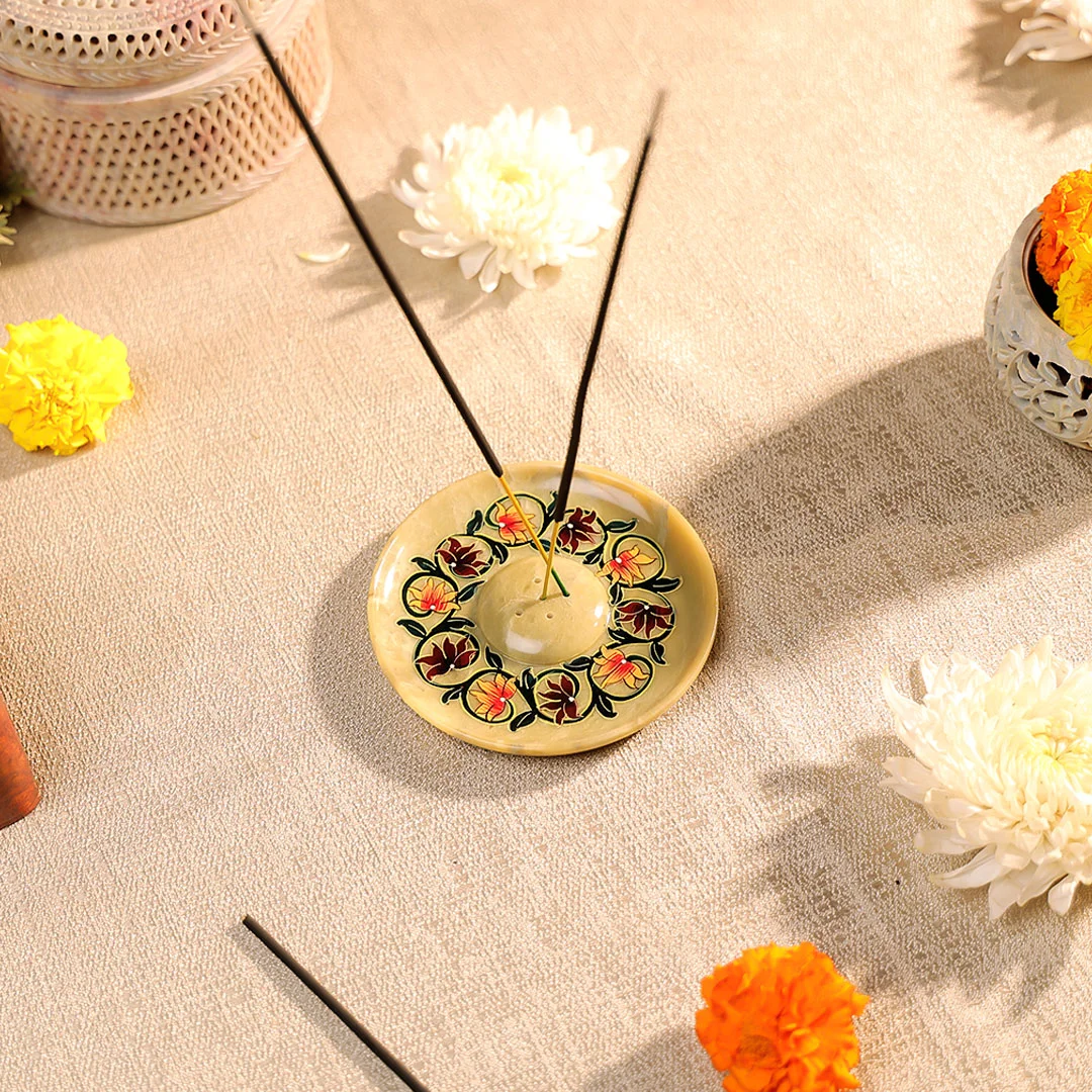 5" Hand Painted Stone Crafted Circular Shaped Incense Holder Plate - Image 4