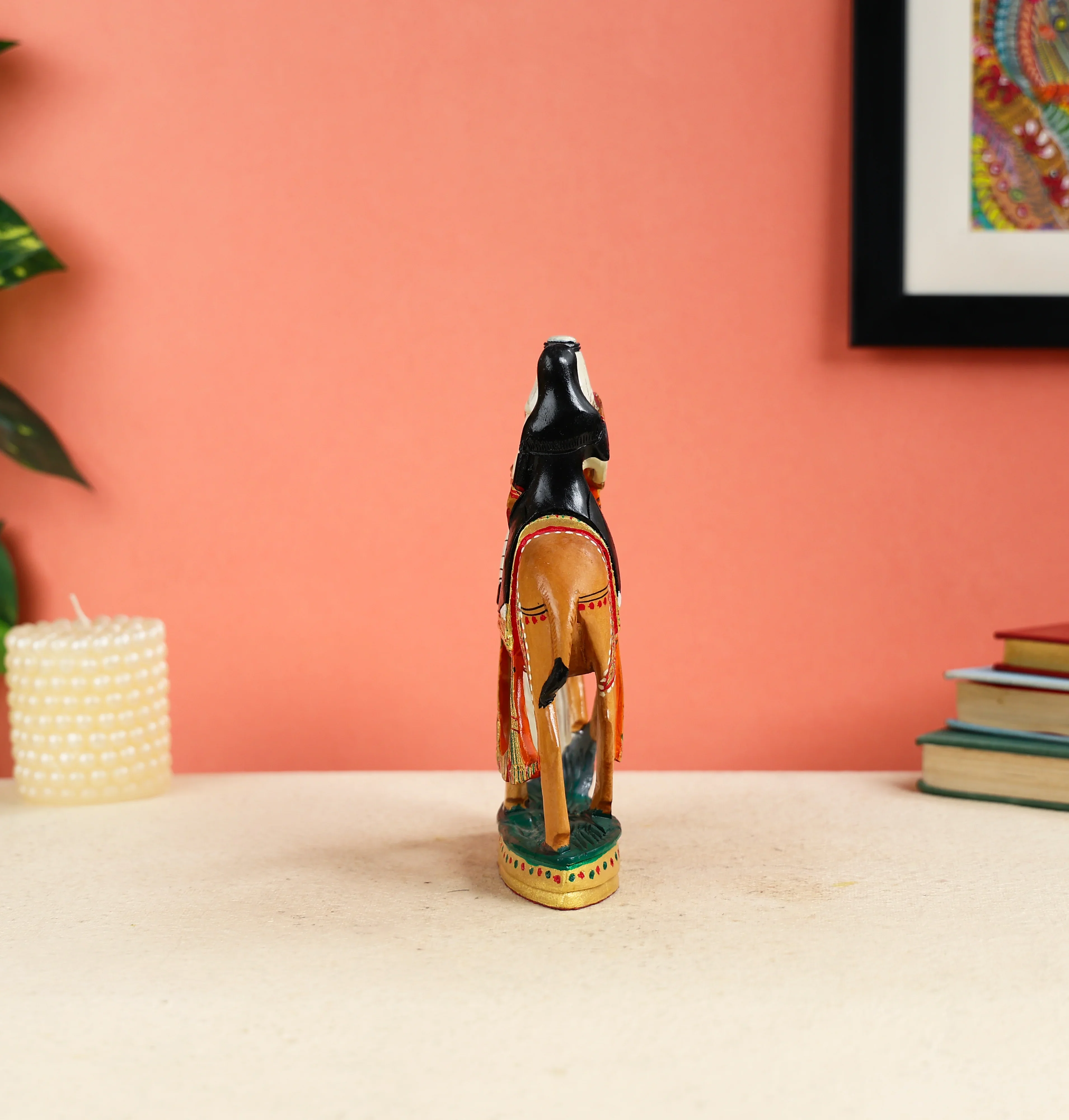 8" Kadam Wood Carved & Hand Painted Arabian Couple Riding Camel Table Decor - Image 2
